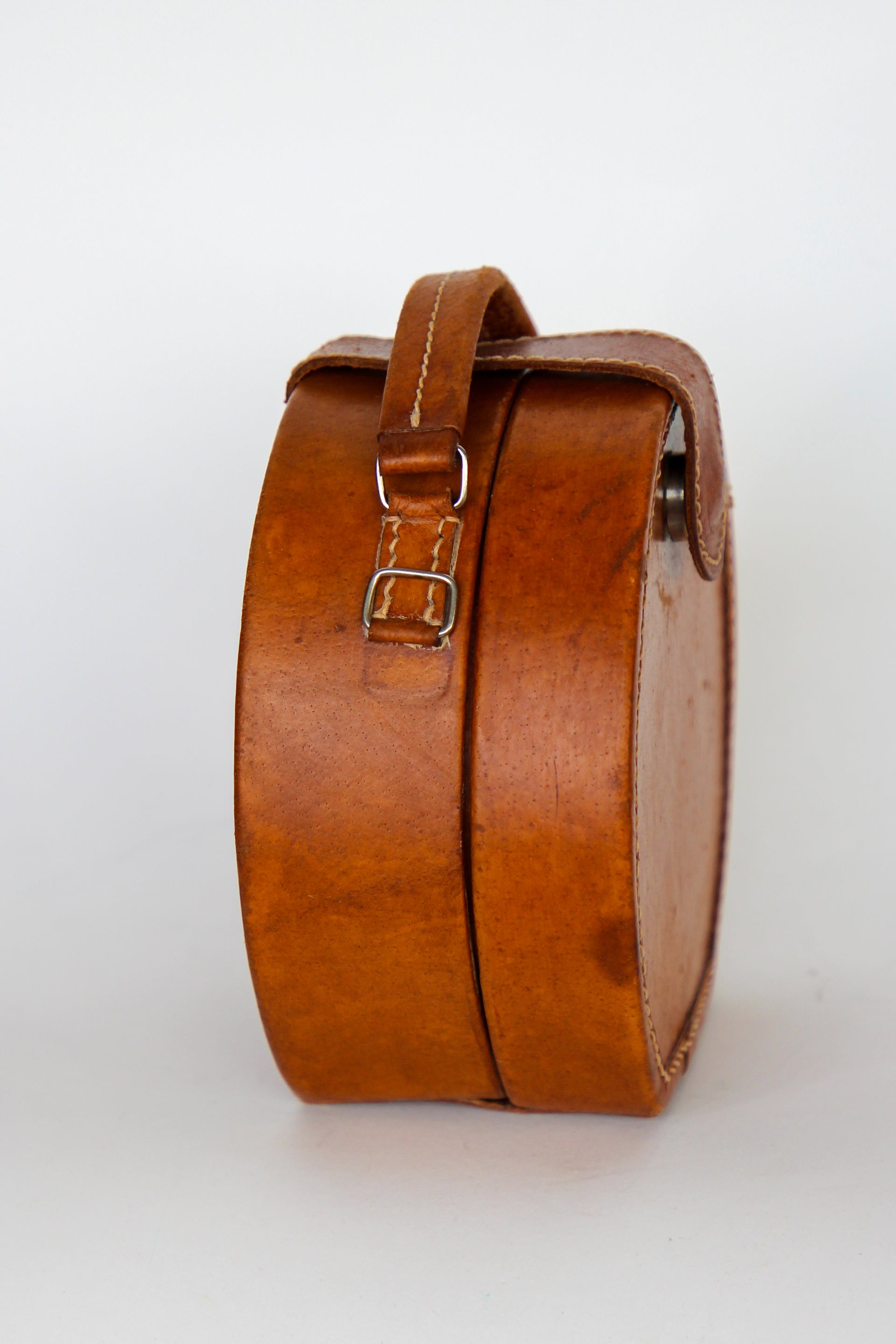 1960s Vintage Brown Grian Leather Little Round Bag / Purse // Giovanni, Italy