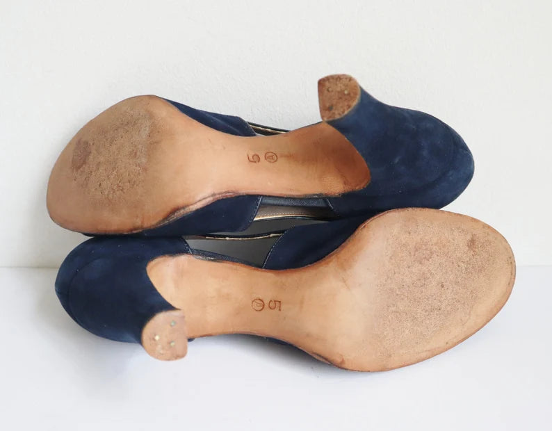 1940s Blue Suede and Leather Shoes//Size EU 38 US 7 UK 5