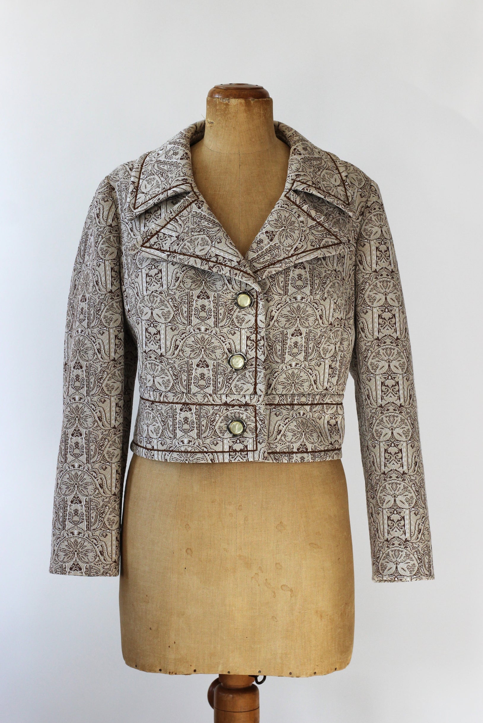 1960s 1970s Sand Jacket with Brown Print //Size M/L