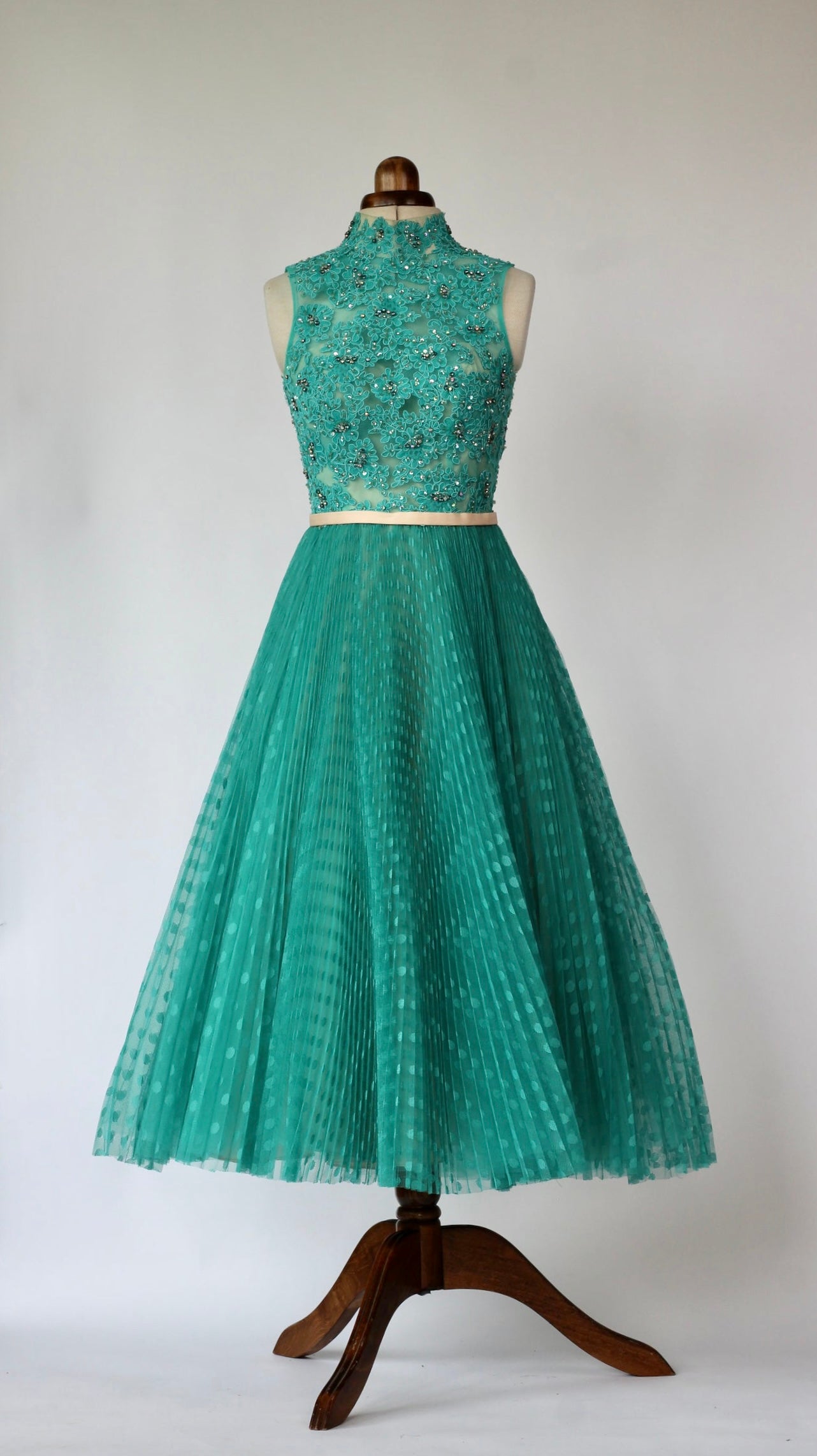 Late 1970s Turquoise Cocktial Dress with Rhinestones//Size XS/S