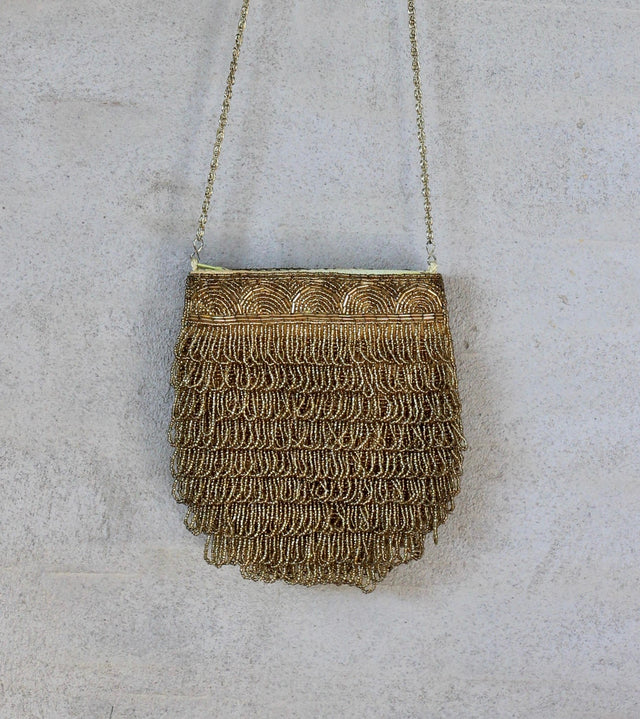 1960s Handmade Gold Beaded Shoulder Bag//Metal Strap