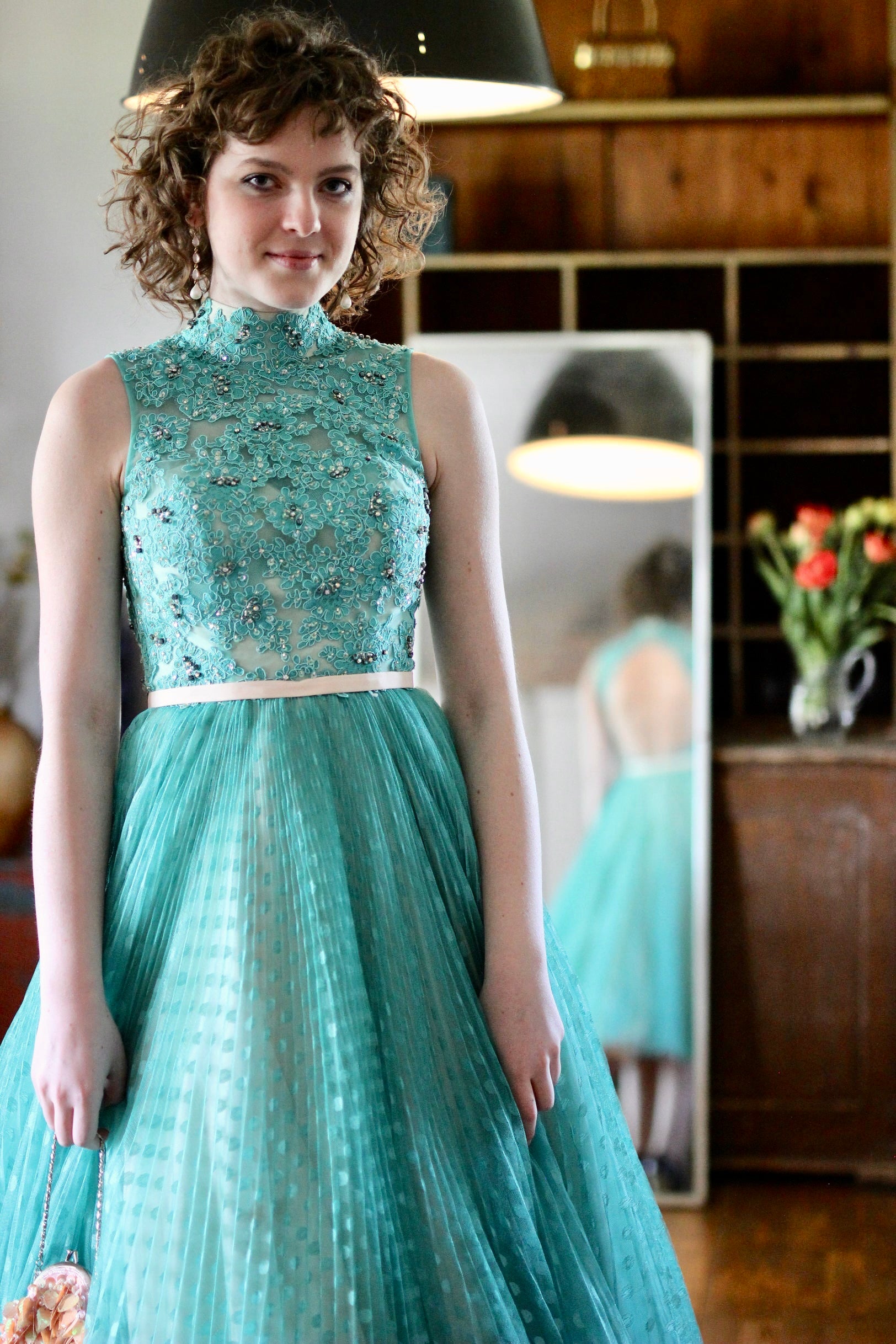 Late 1970s Turquoise Cocktial Dress with Rhinestones//Size XS/S