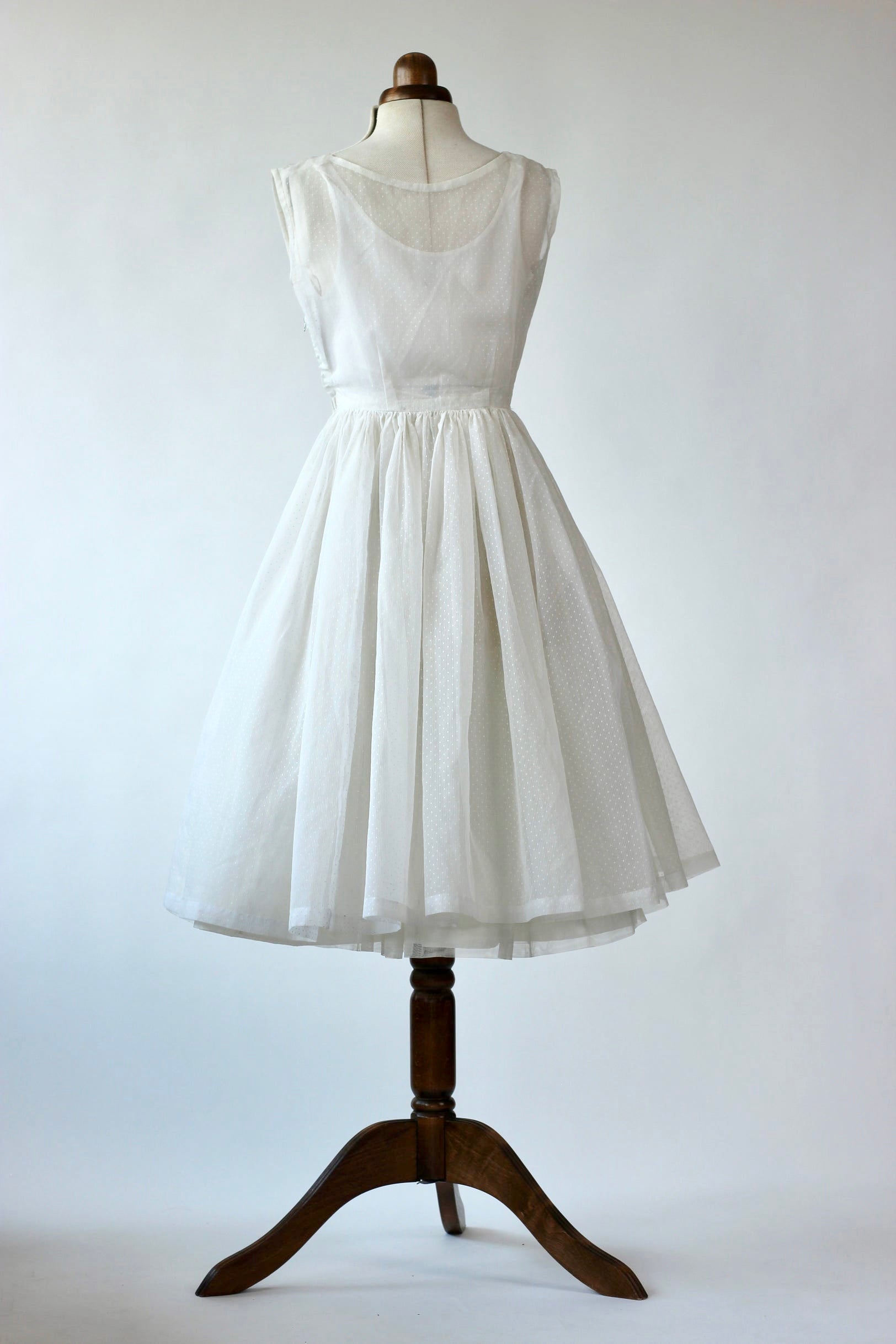 1950s White Sheer Dress Dots//Size S