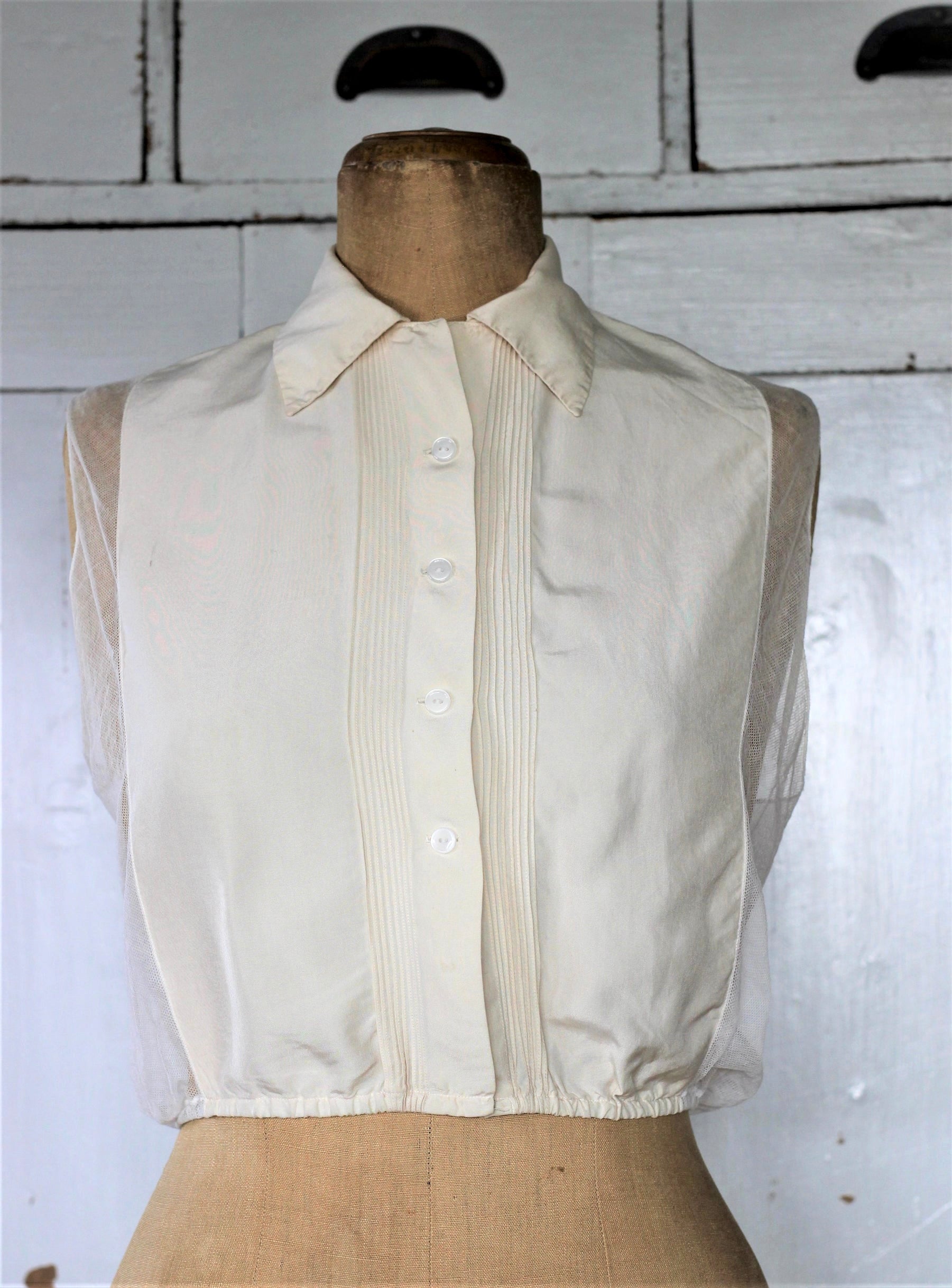 1930s  Off White Silk Blouse/Top with Tulle Back//Size S/M