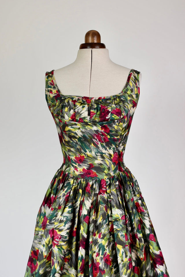 1950s Rayon Dress with Abstract Floral Pattern//Size XS