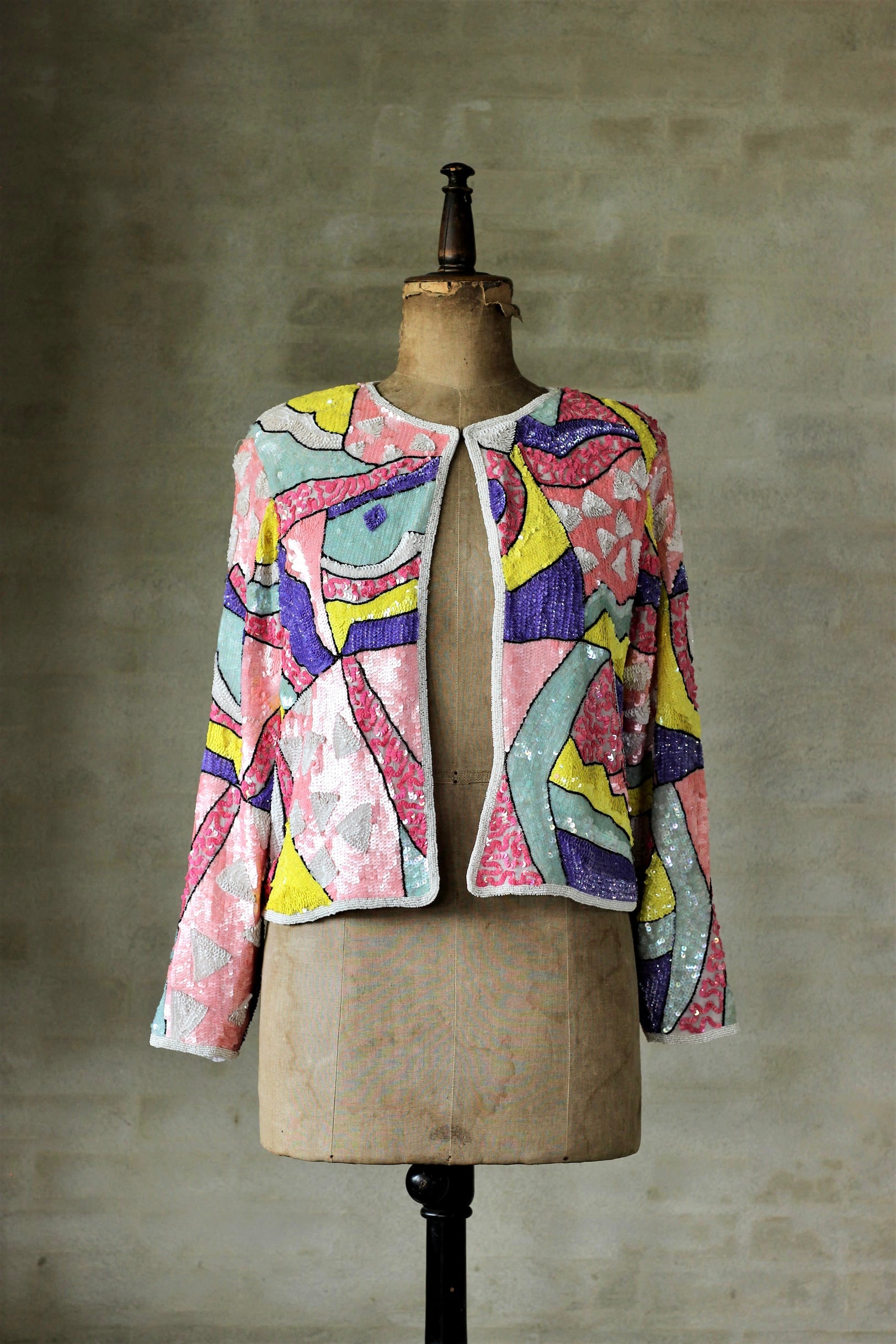Vintage Abstract Sequin Beaded Jacket in Bright Colors//Size M