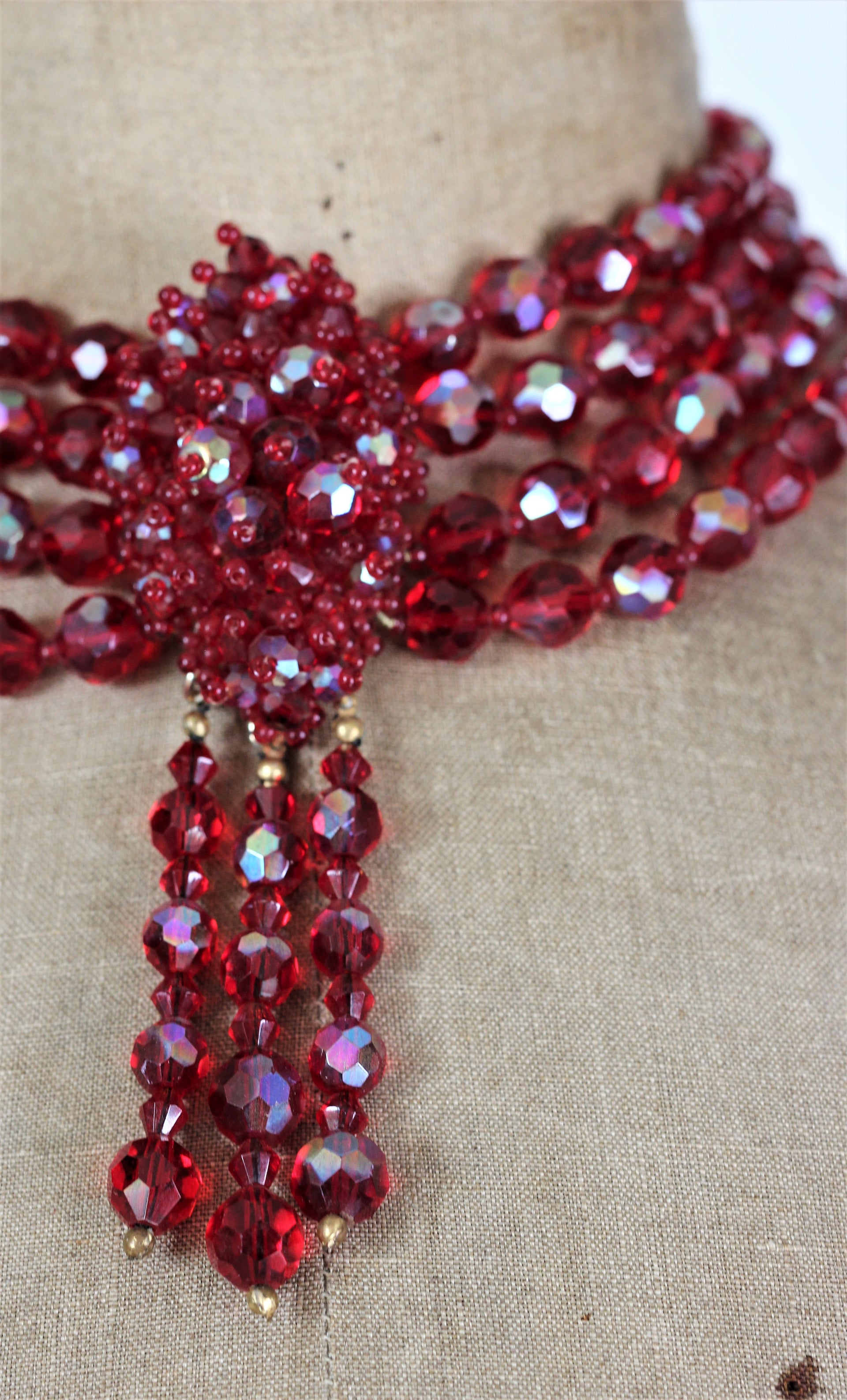 1950s Red Facetet Glass Beaded 4 Stand Necklace.