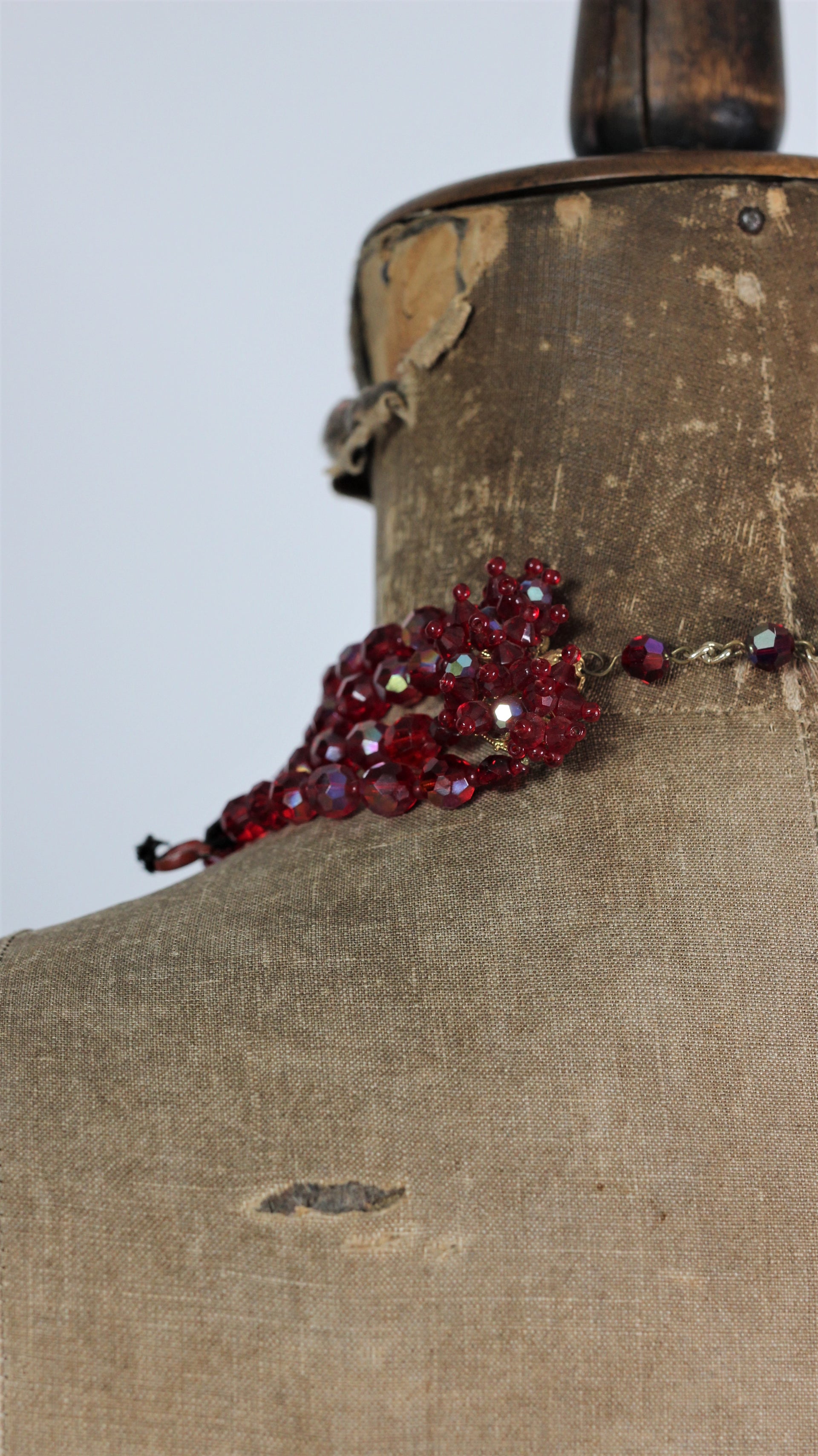 1950s Red Facetet Glass Beaded 4 Stand Necklace.