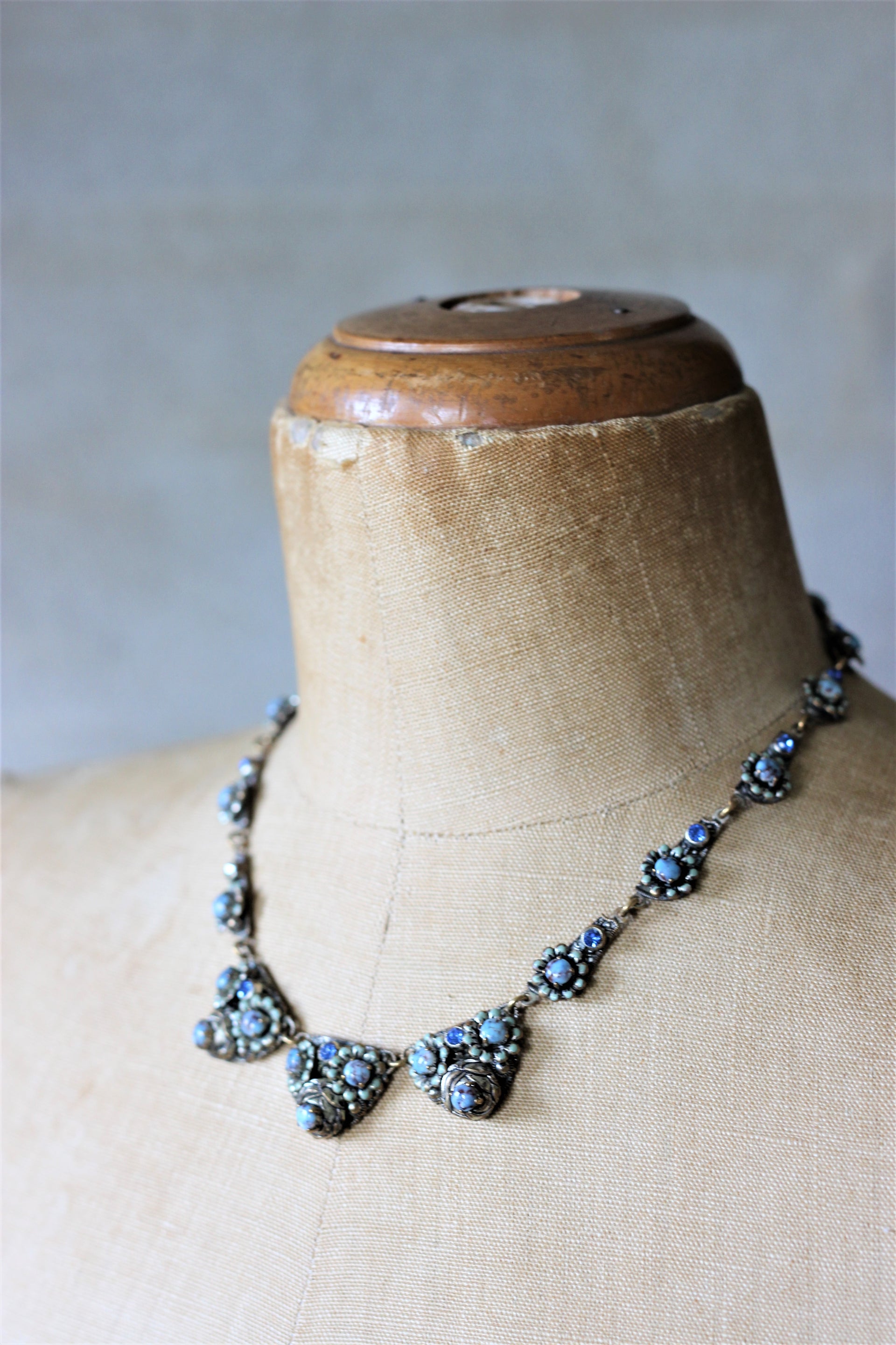 1920s Blue Czech Filigree Necklace, Turquoise Cabochons Rhinestones