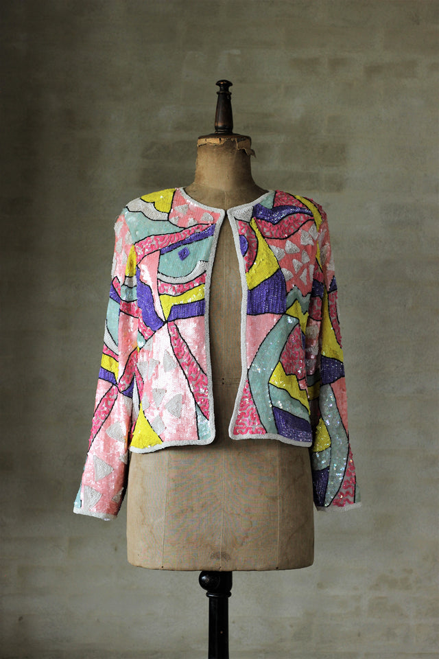 Vintage Abstract Sequin Beaded Jacket in Bright Colors//Size M
