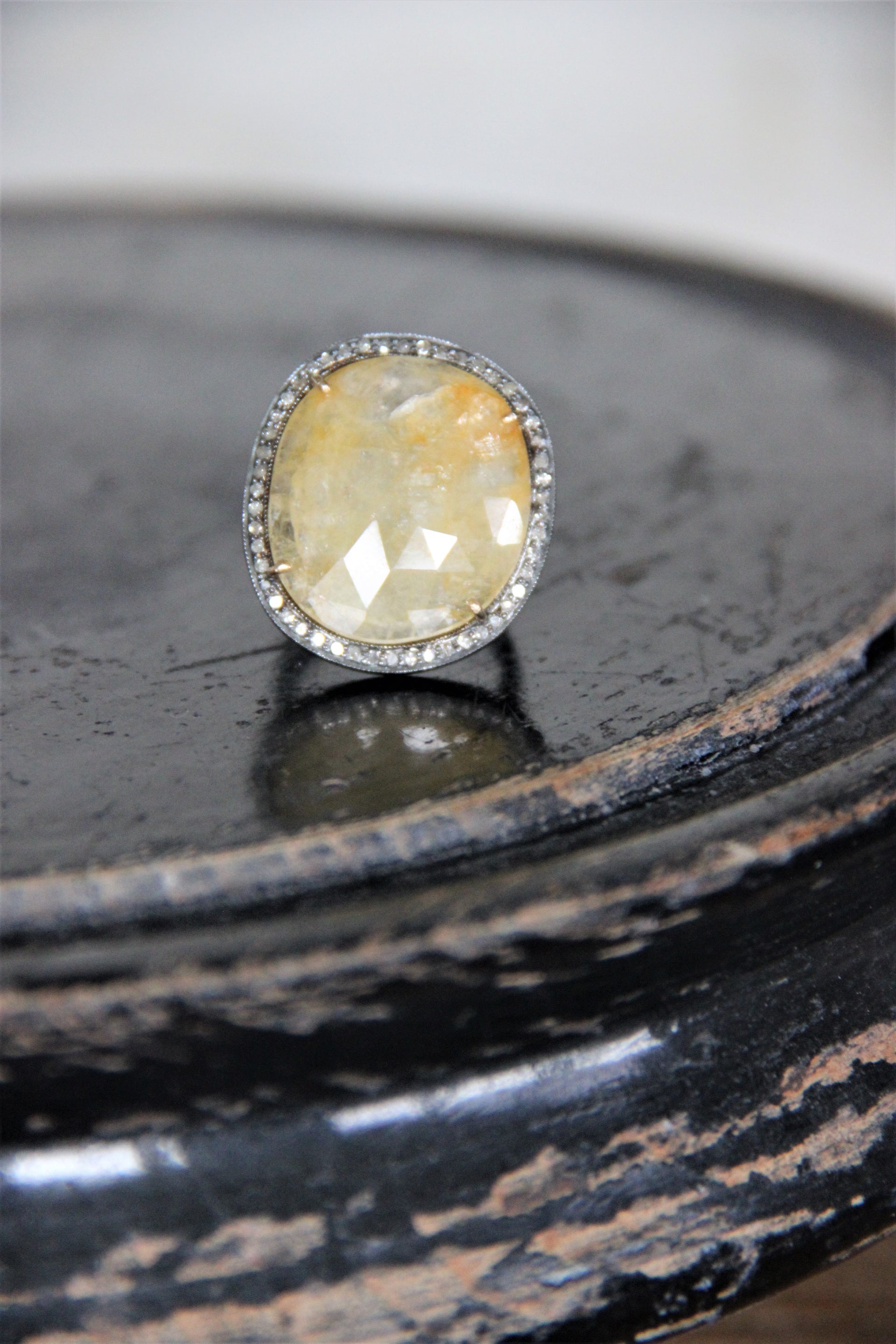 Silver Ring with Yellow Sapphire and Single cut Diamonds PRE-ORDER