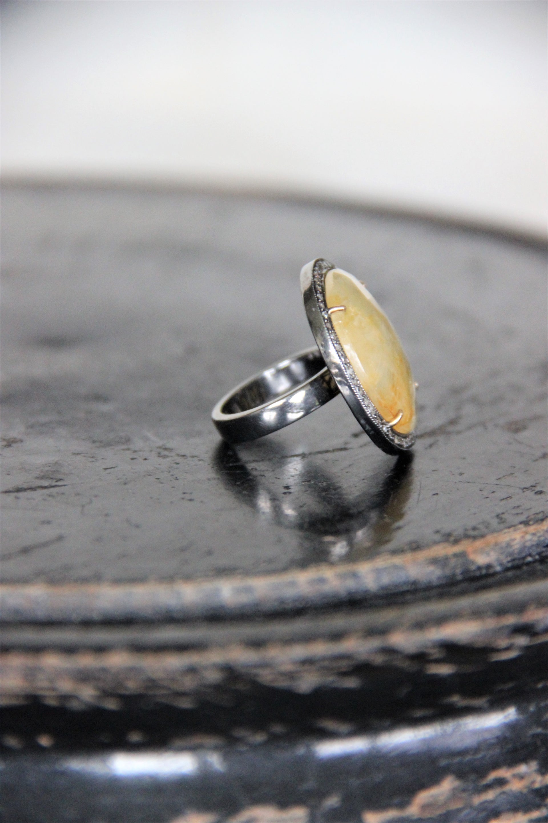 Silver Ring with Yellow Sapphire and Single cut Diamonds PRE-ORDER