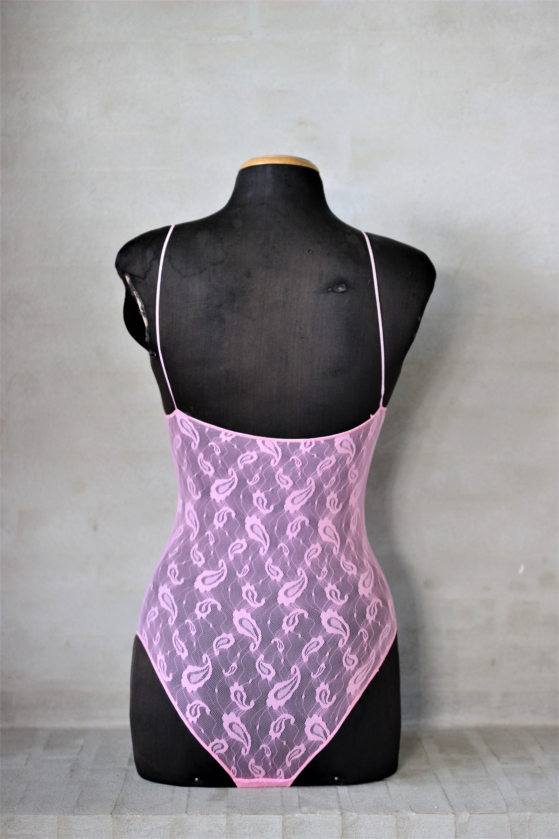 1980s Light Pink Paisley Lace Bodysuit//Size XS-M