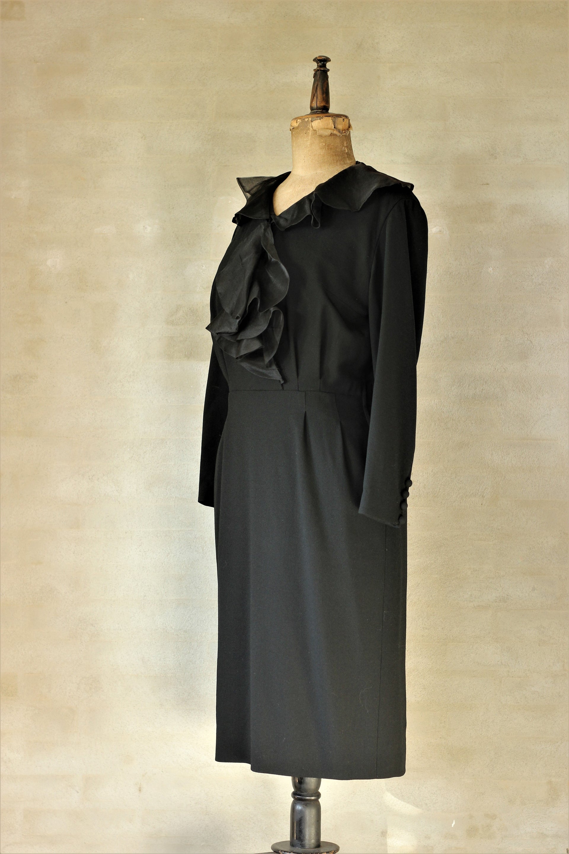 1940s 1950s Black Wool Crepe Dress//Size M/L