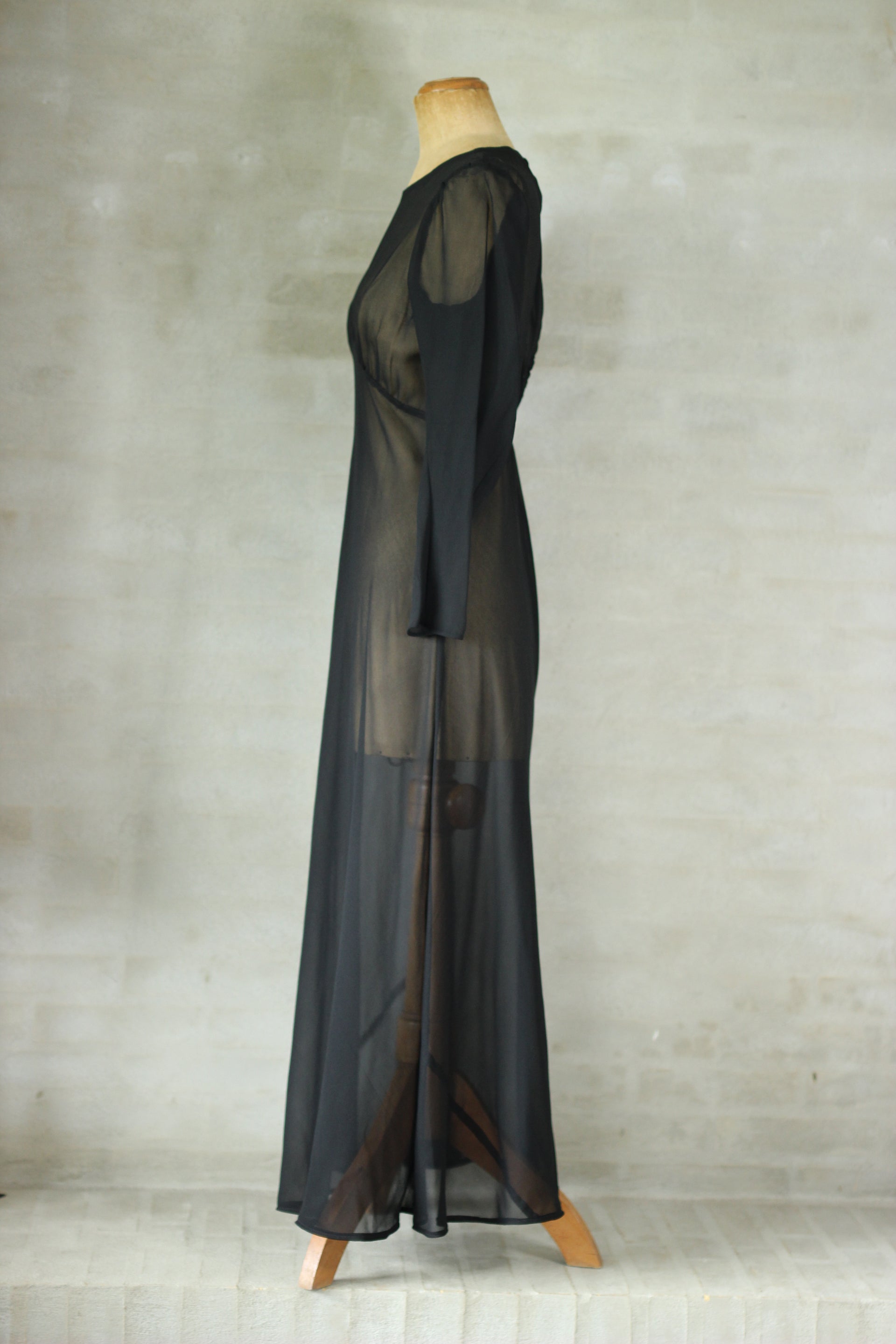 1920s Black Chiffon Silk Dress with Glass//Size S