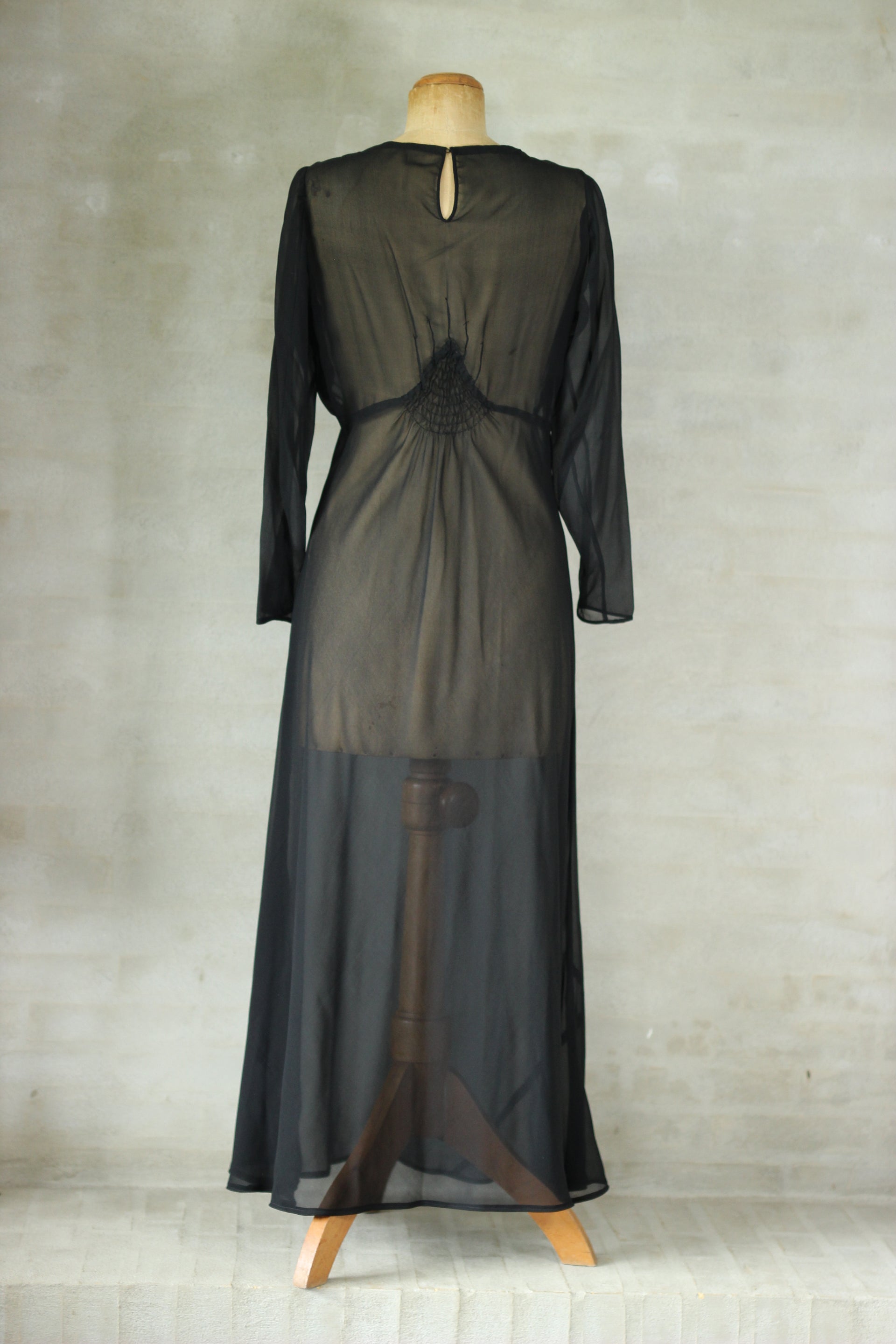 1920s Black Chiffon Silk Dress with Glass//Size S