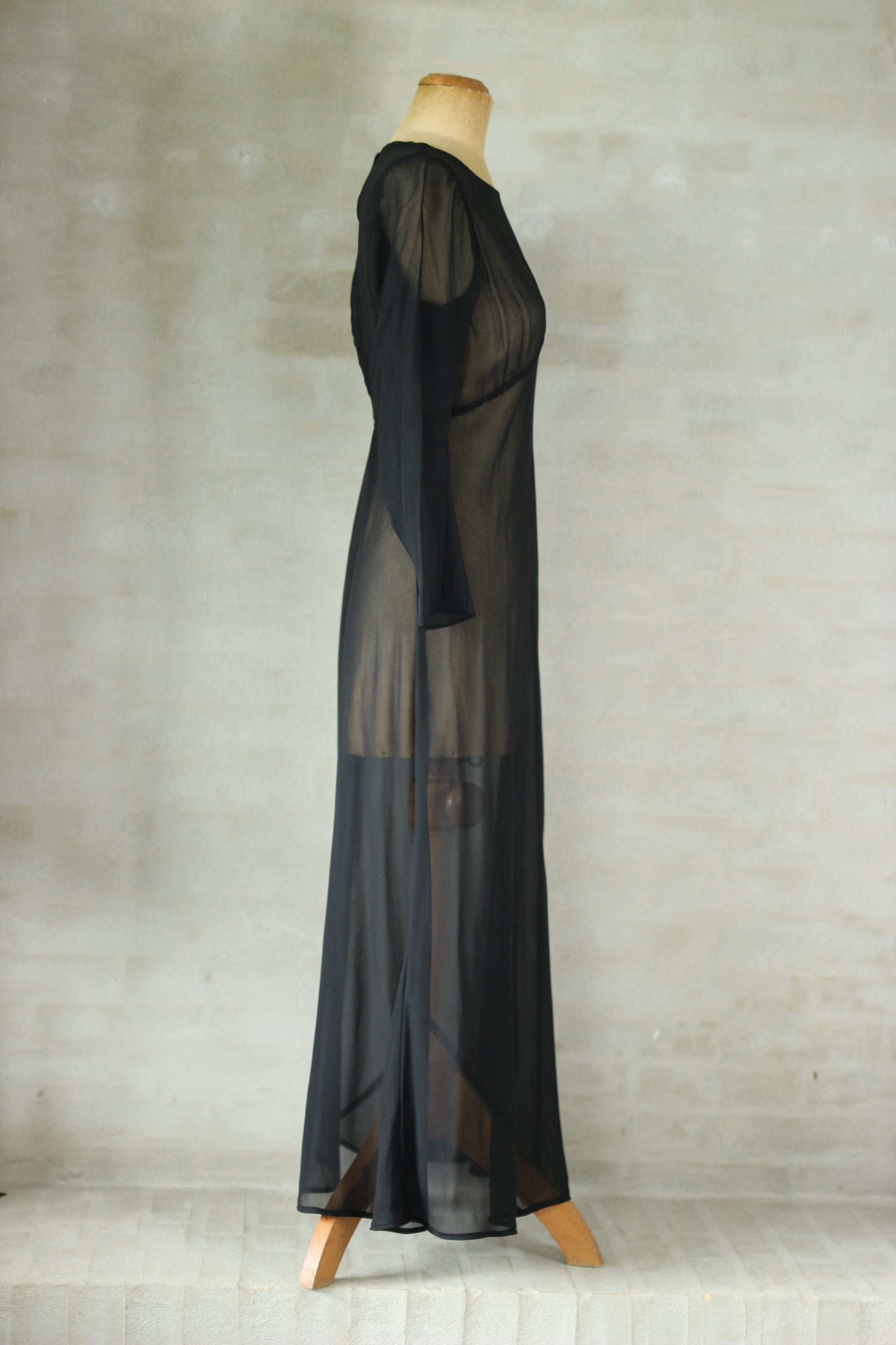 1920s Black Chiffon Silk Dress with Glass//Size S