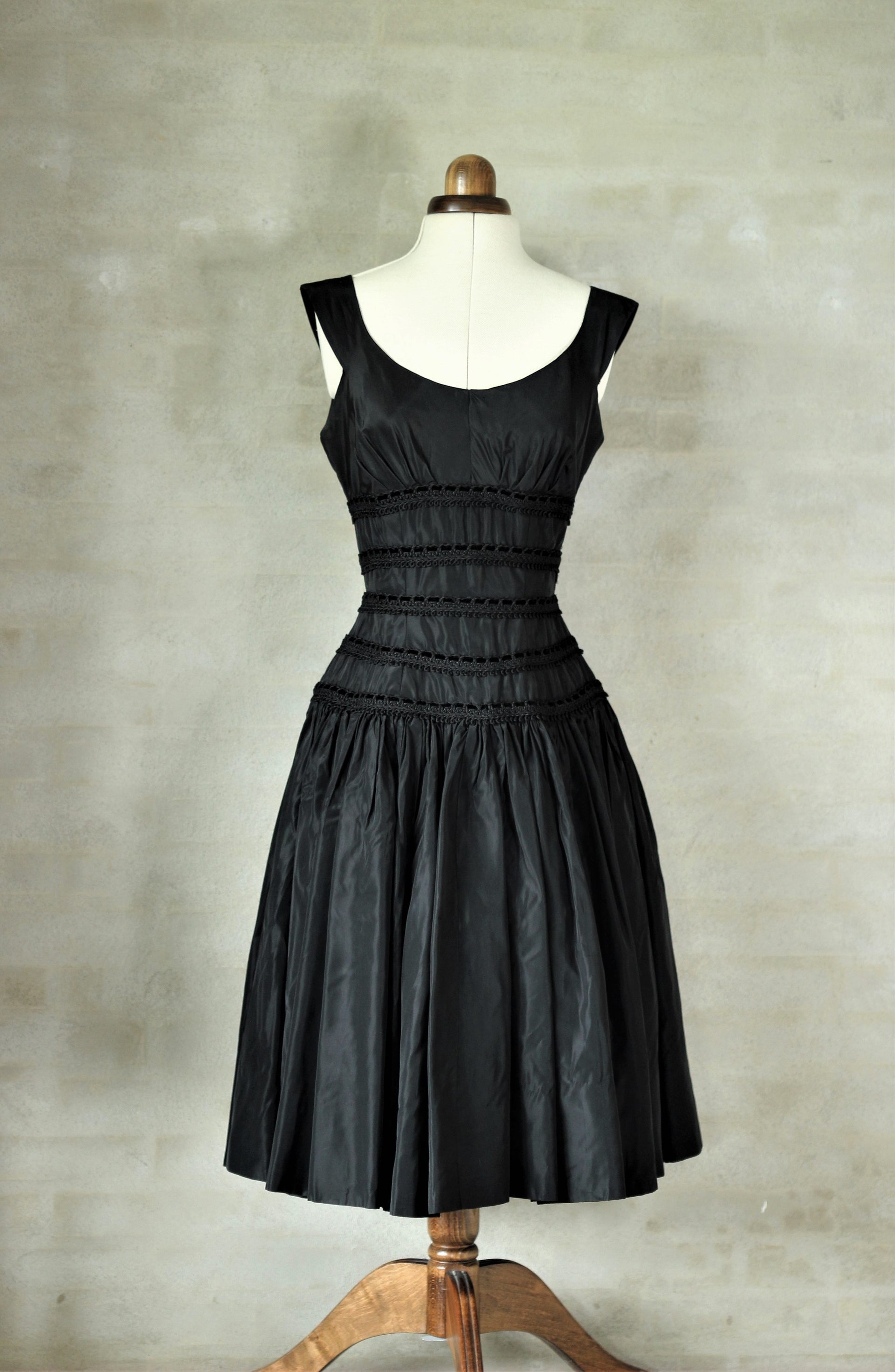 1950s Black Designer Silk Dress //Size XS/S