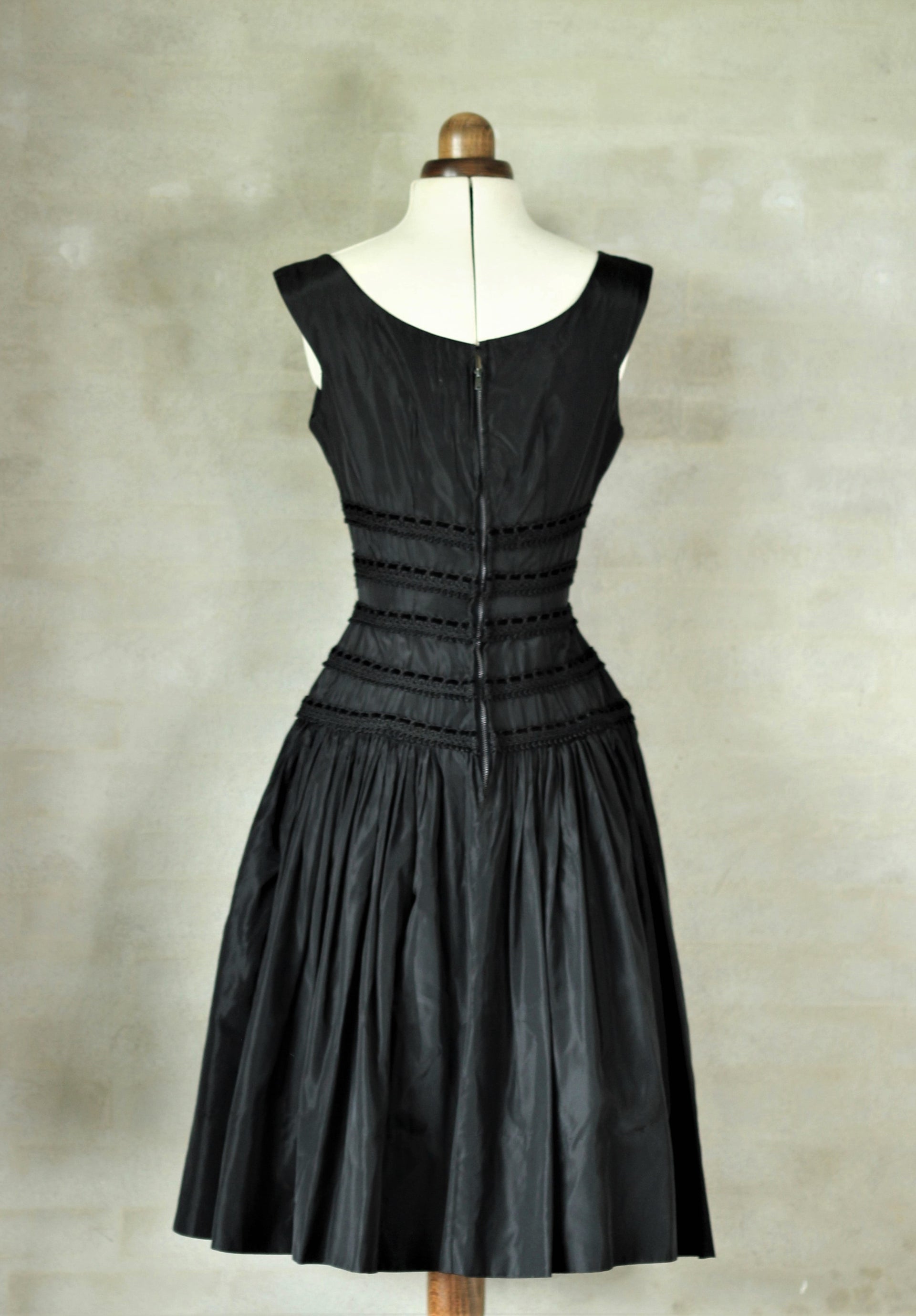 1950s Black Designer Silk Dress //Size XS/S