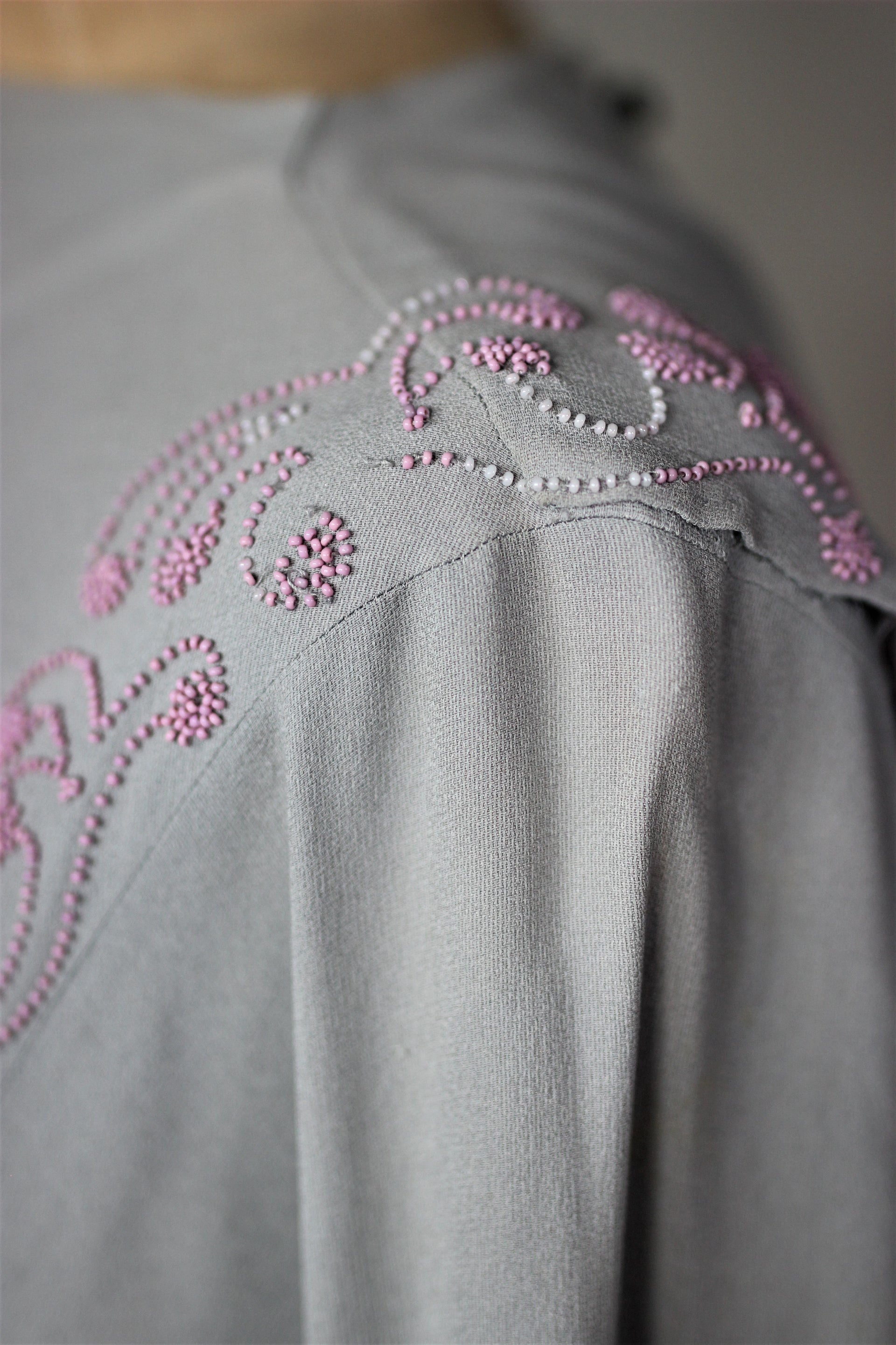 1940s Light Grey Silk Dress with Pink Beads