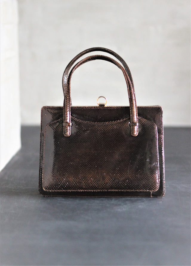 1950s Vintage Brown Lizard/Snake Leather Top Handle Bag