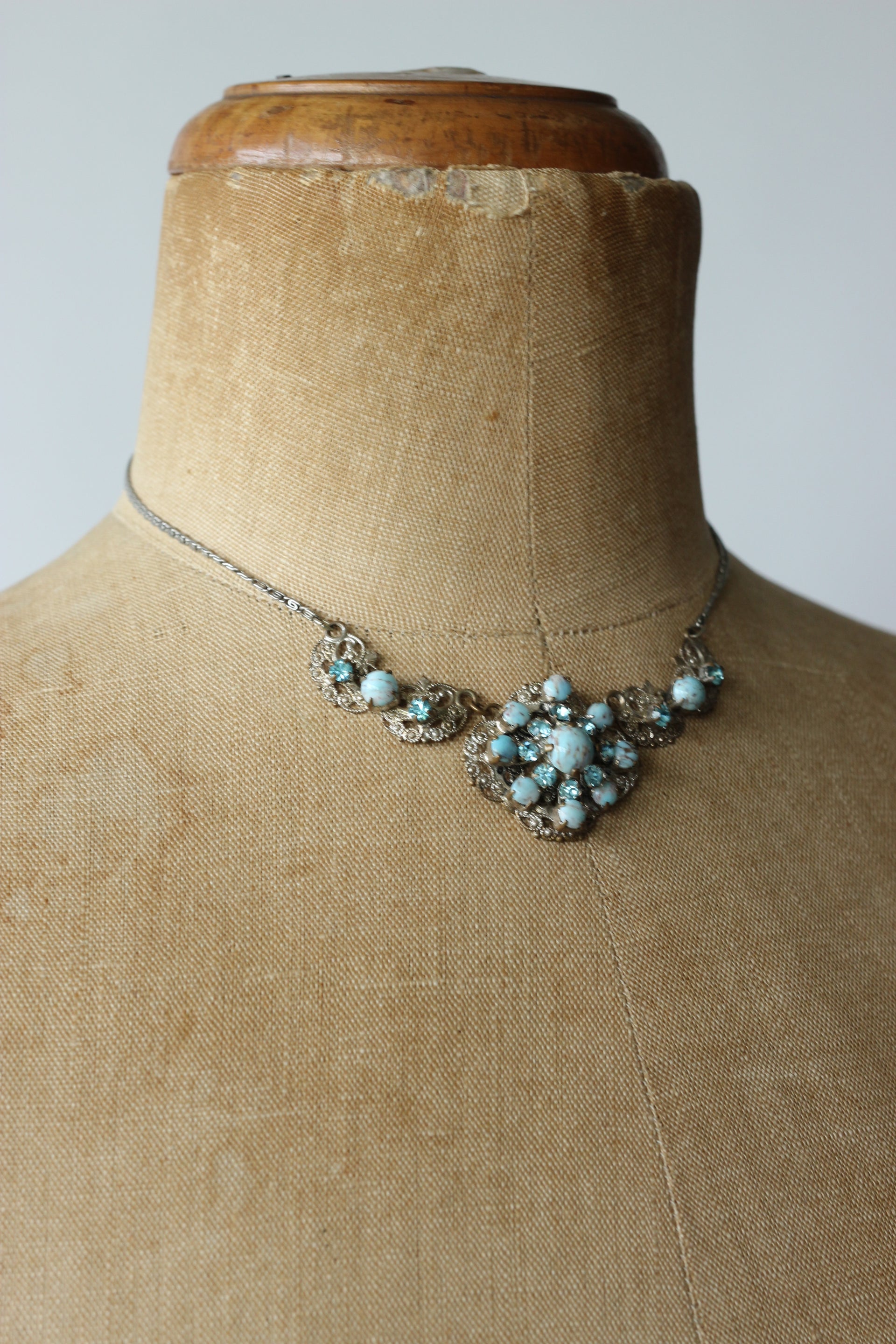 1930s - 1940s  Turquoise Blue Glass and Rhinestone Filigree Necklace
