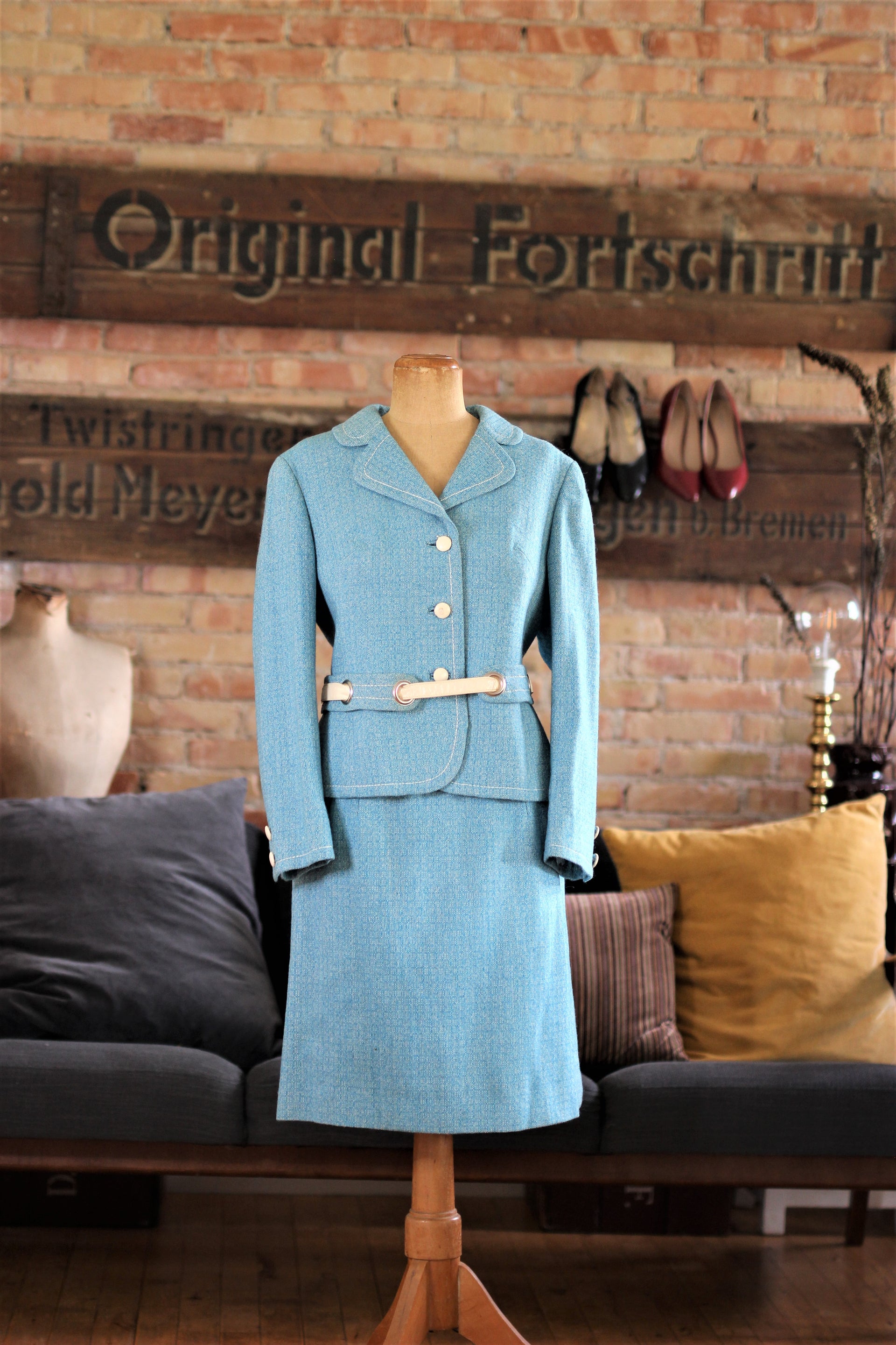 1960's Blue Wool Skirt Suit with Belt