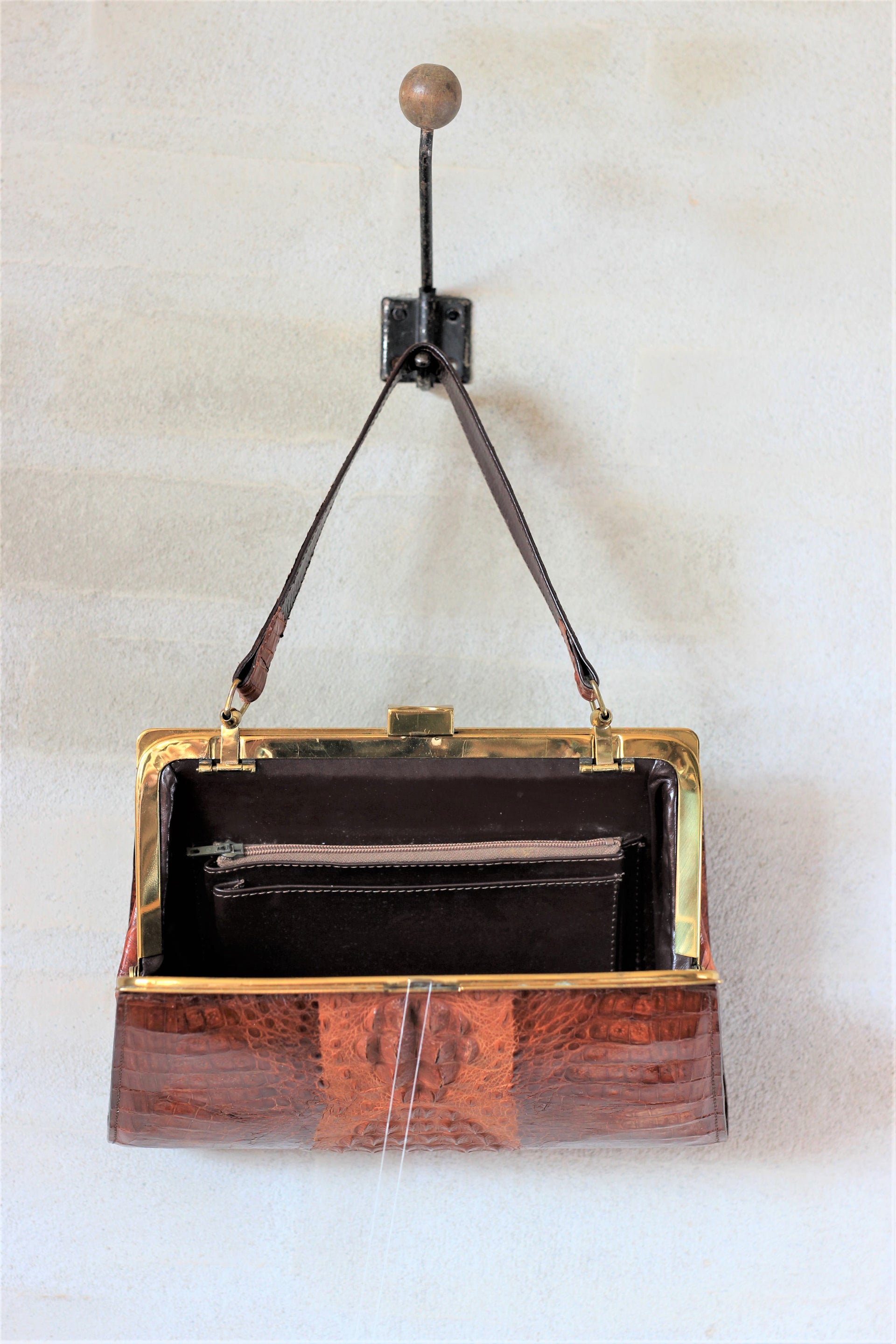 1940s Tan Brown Leather Framed Handbag//Genuine Crocodile/Alligator