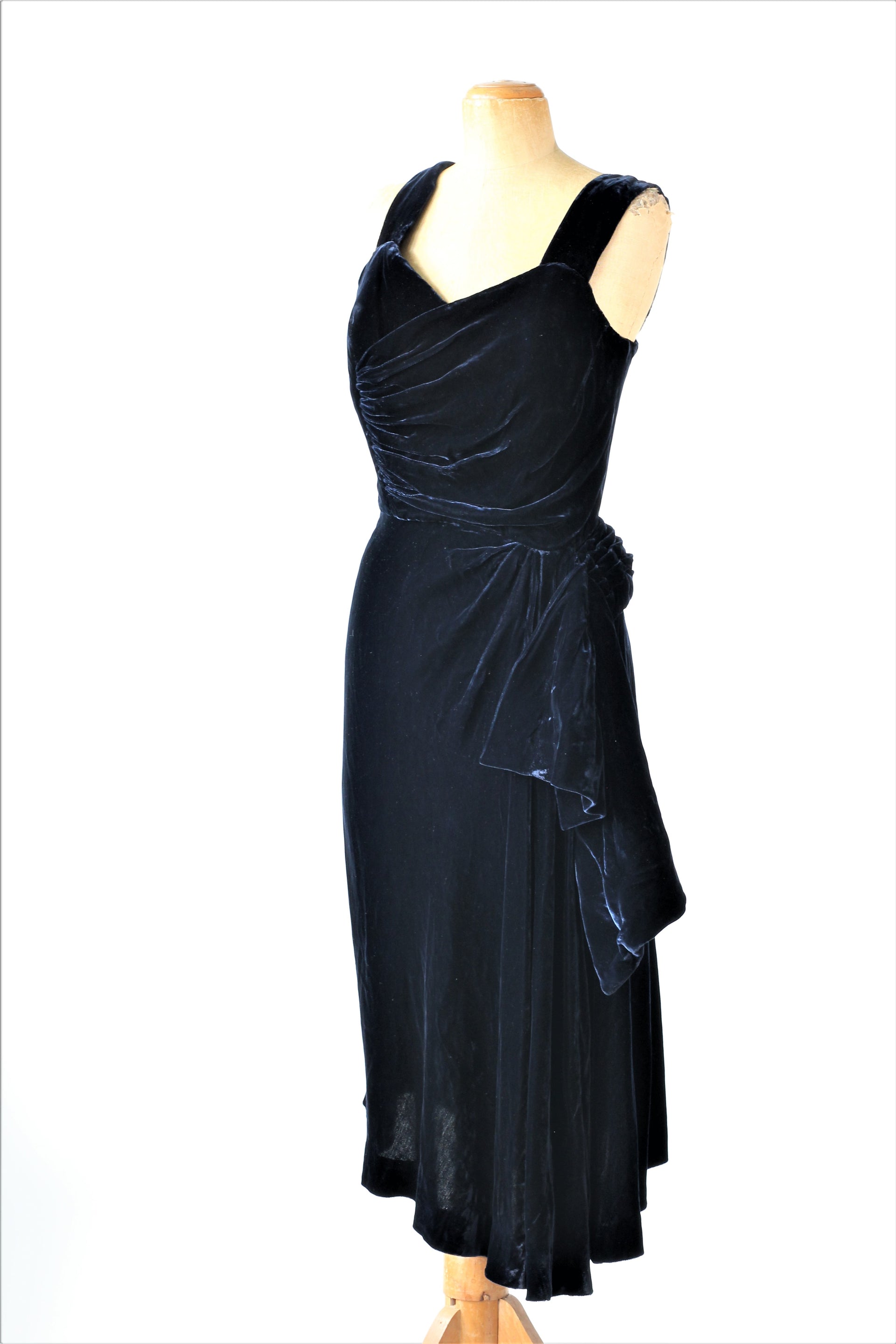 1950s Blue Velvet Silk Dress//Size M