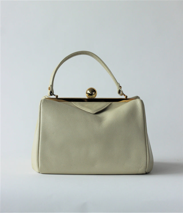 1950S 1960s Cream/White Leather Top Handle Bag/Danish Design