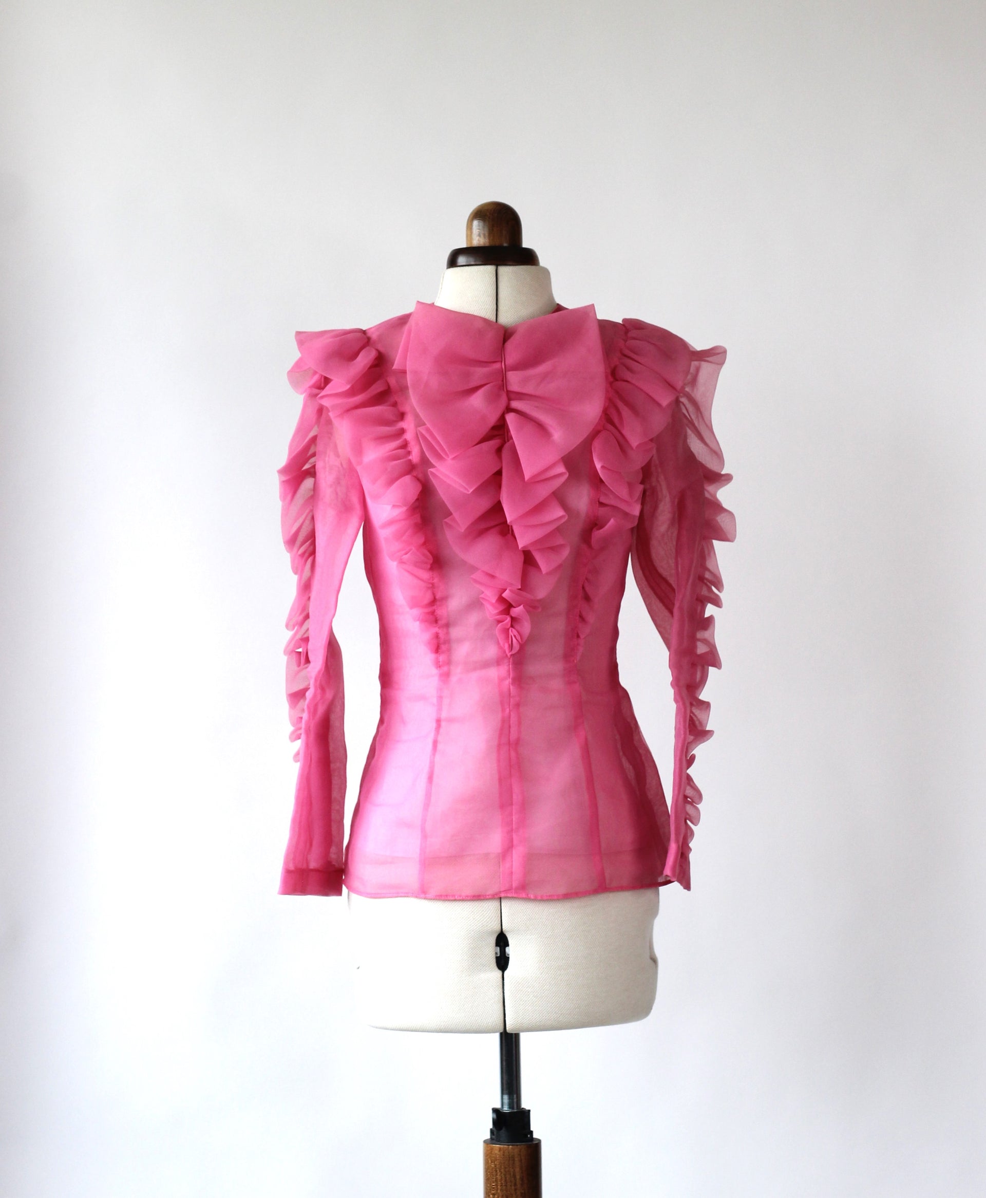 1980s Designer Pink Organza Silk Blouse//Size XS/S