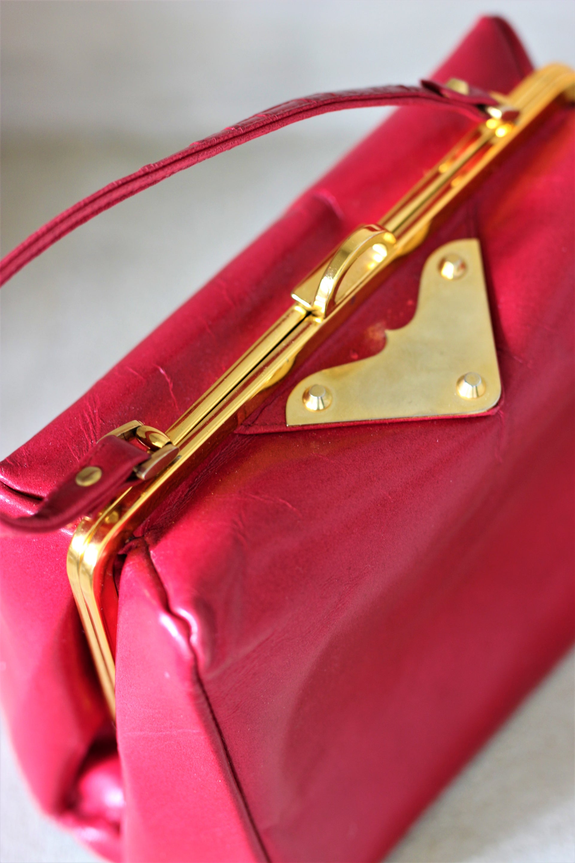 1950s 1960s Red Leather Top Handle Bag/Danish Design