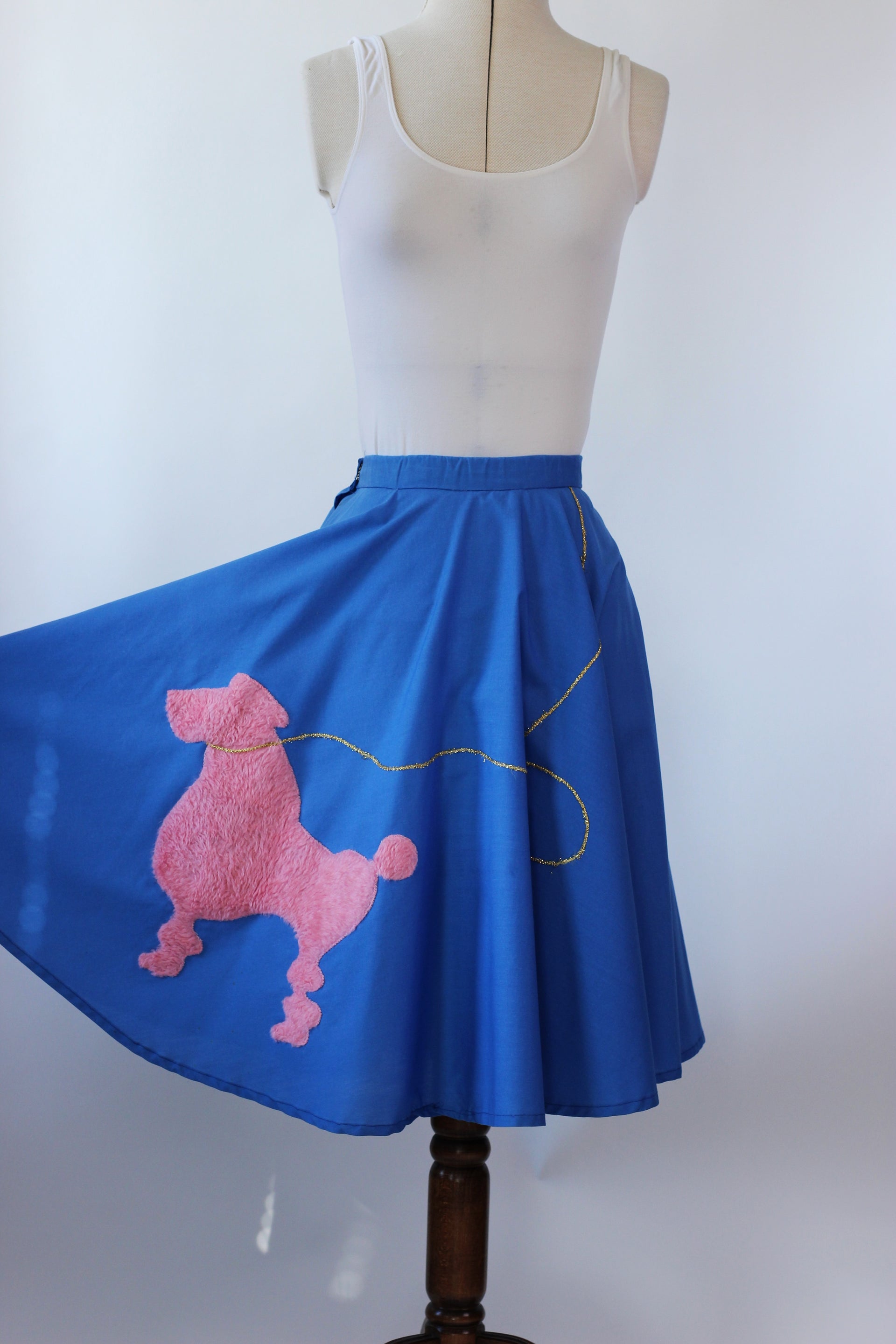 Handmade Blue Full Skirt with Pink Poodle//Size XS/S