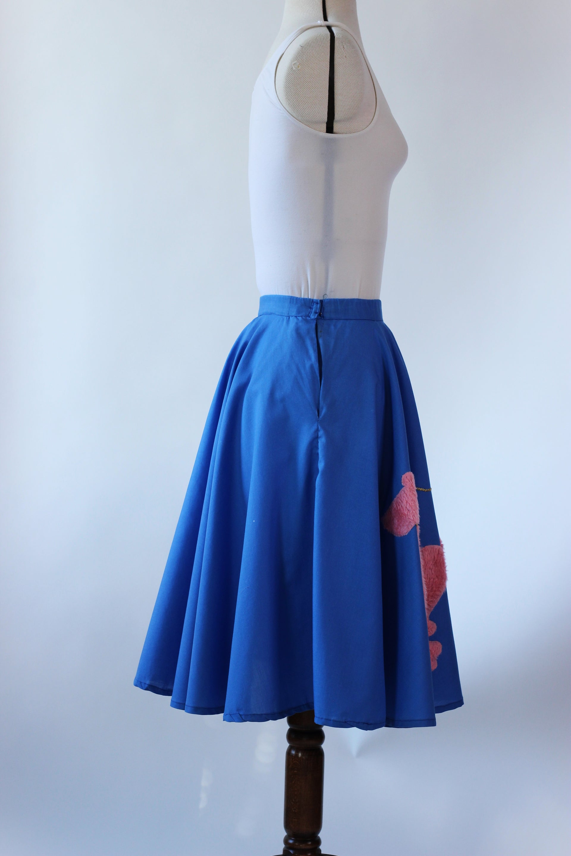 Handmade Blue Full Skirt with Pink Poodle//Size XS/S