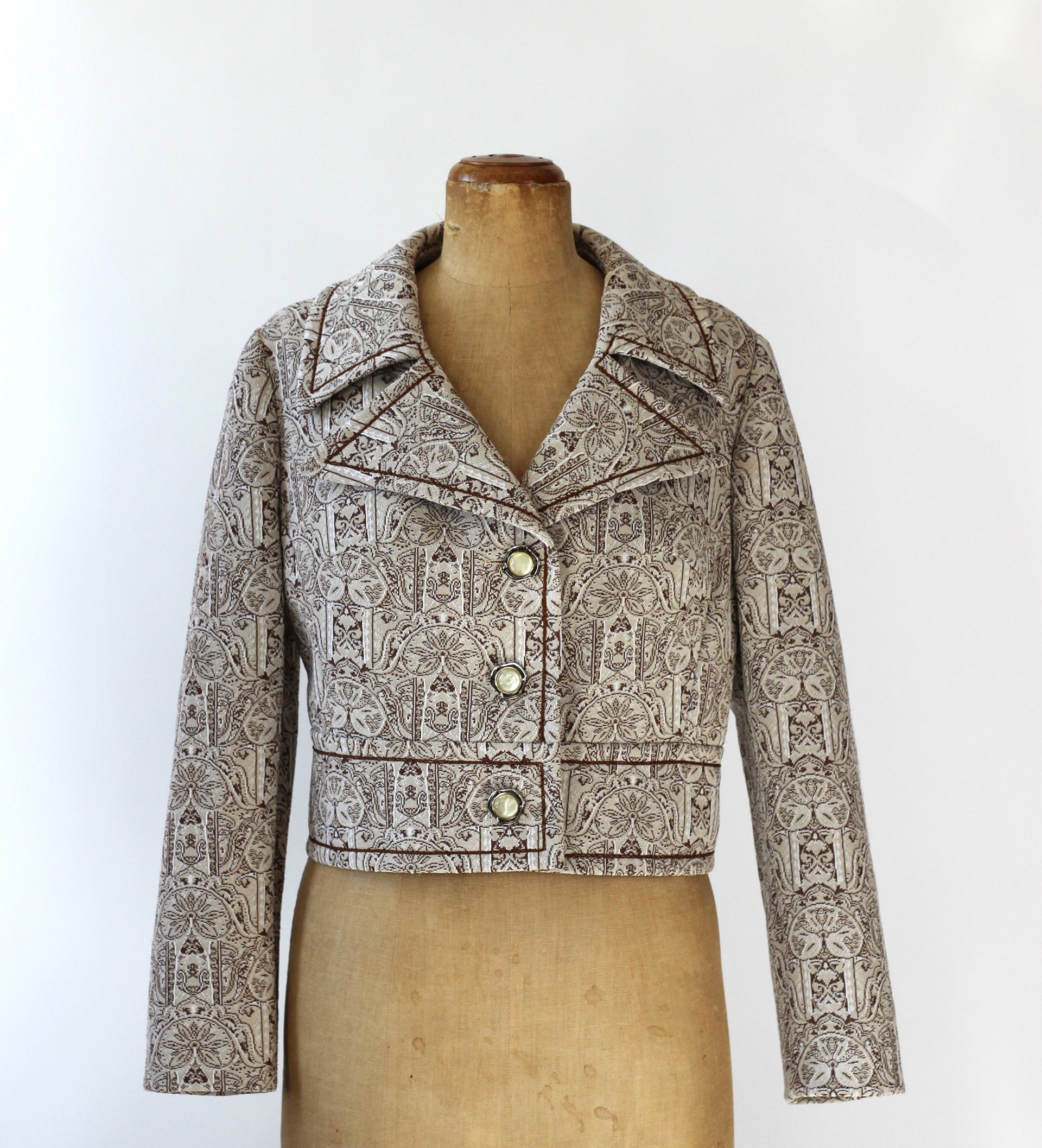 1960s 1970s Sand Jacket with Brown Print //Size M/L
