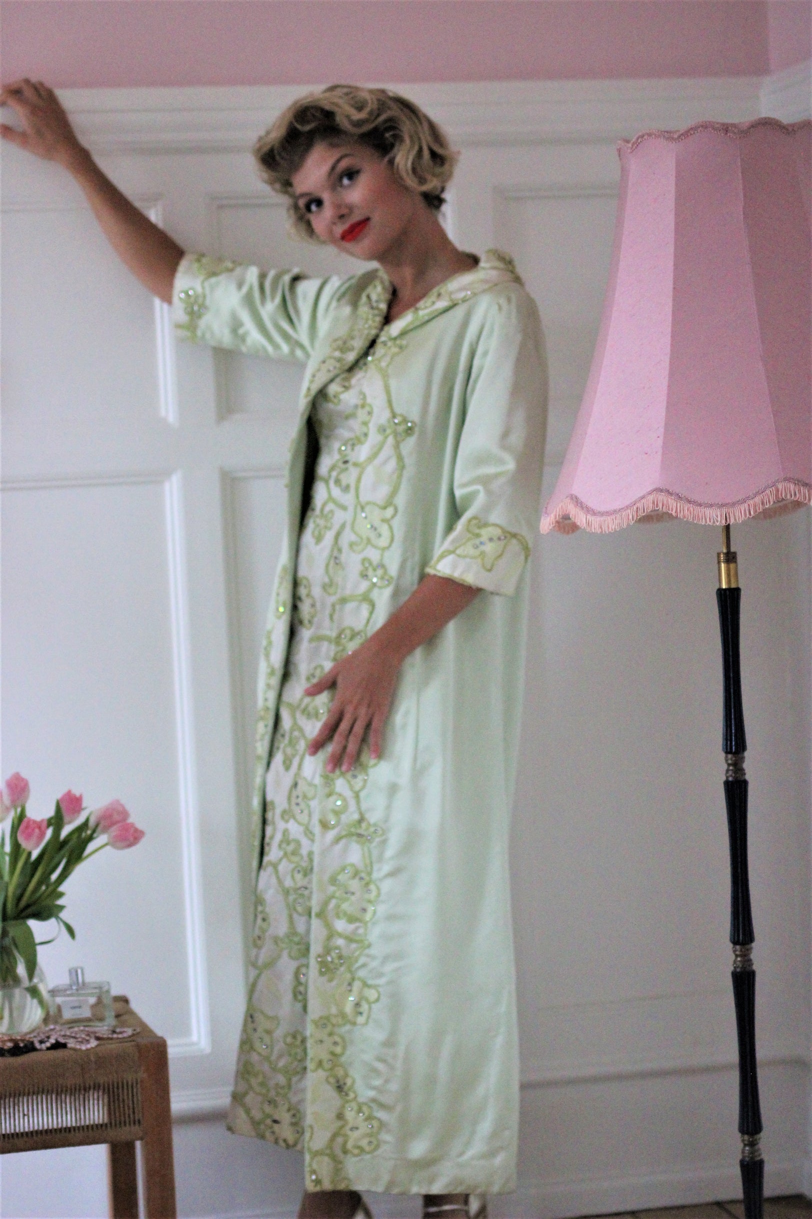 1950s 1960s Designer Green Silk Satin Dress and Coat//Size S/M