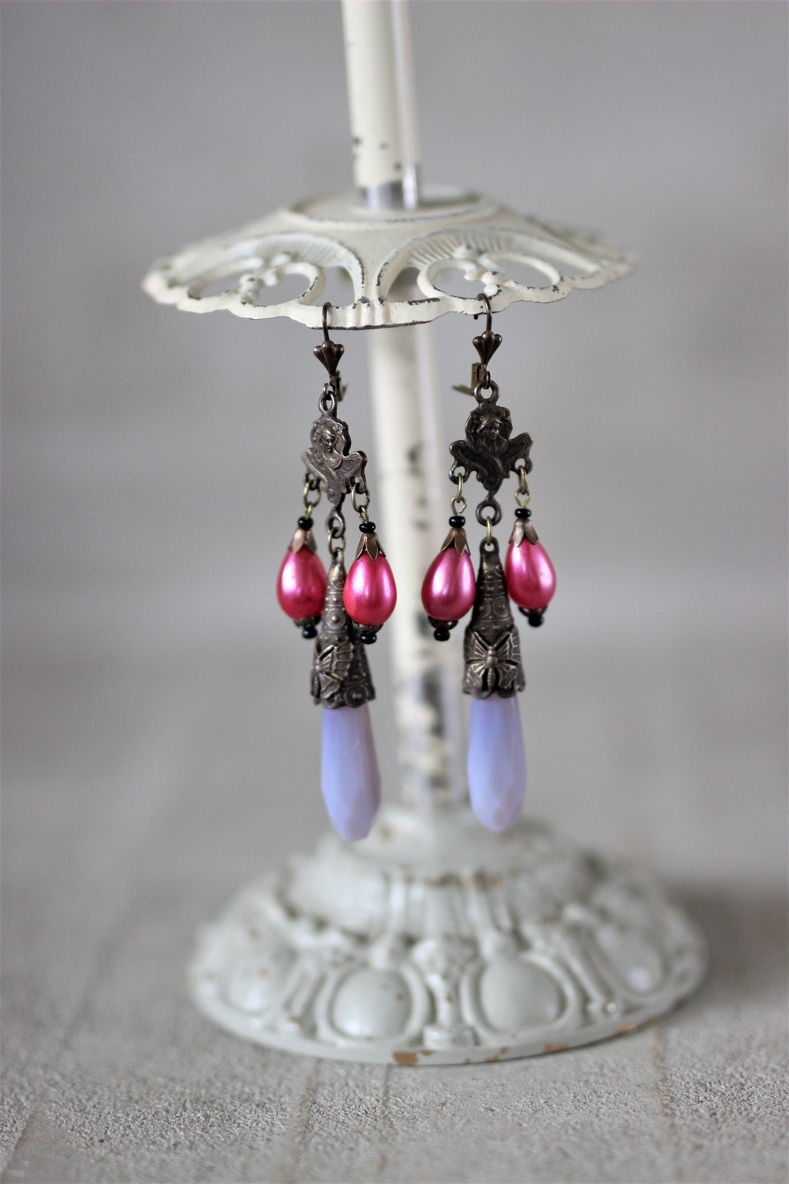 1920s Art Nouveau Czech Antique Brass Glass Drop Earrings
