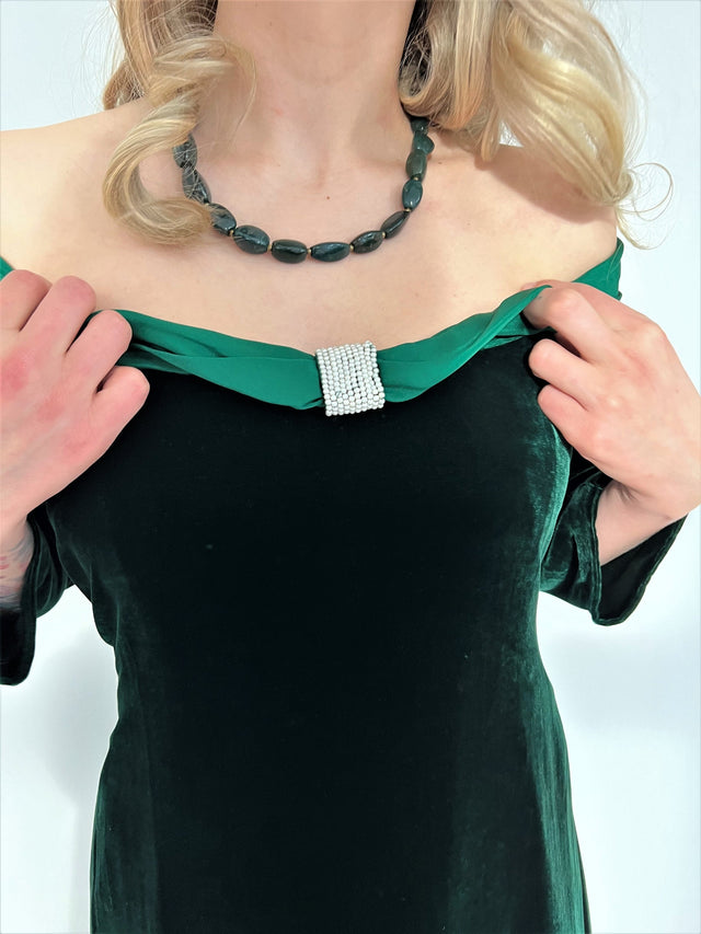 Vintage Green Velvet Cocktail Dress// Size L