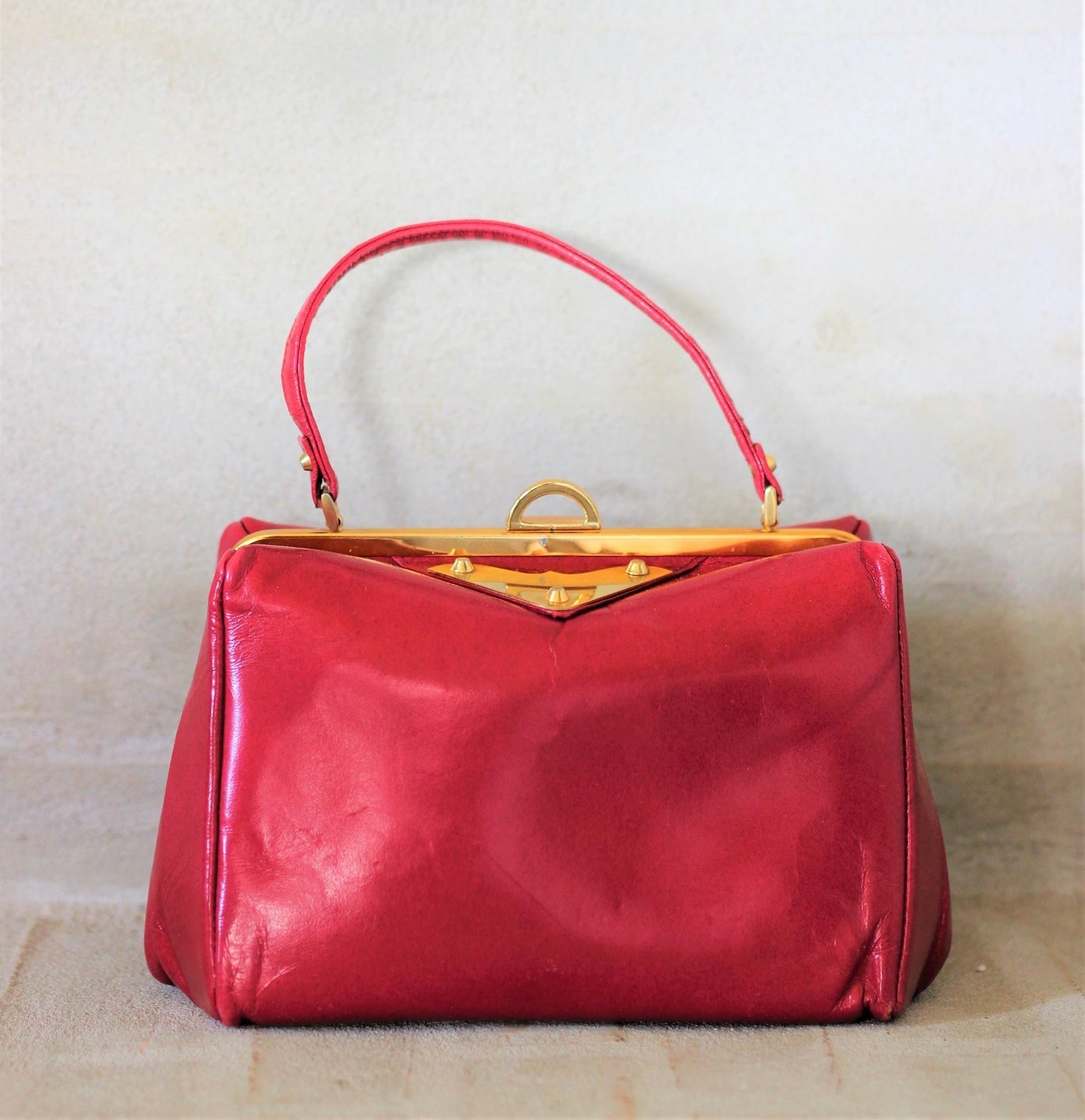 1950s 1960s Red Leather Top Handle Bag/Danish Design