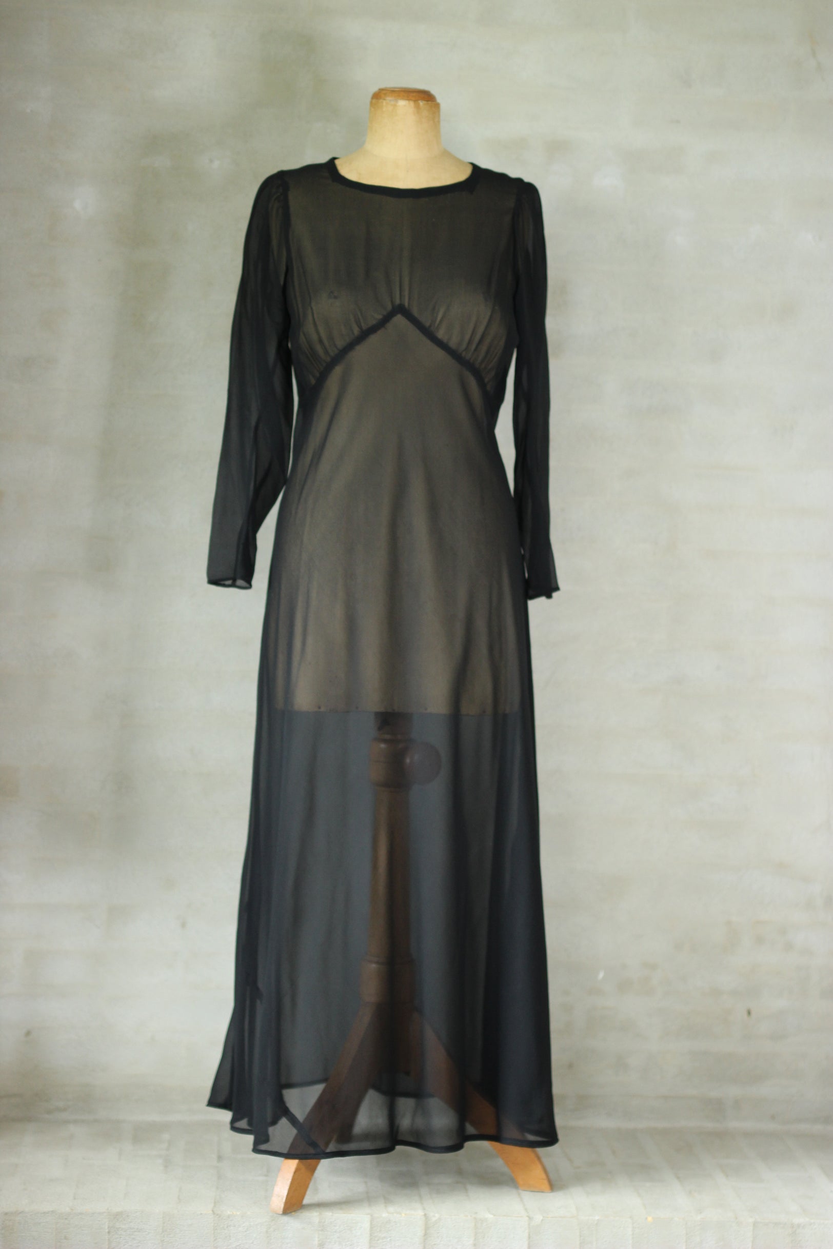 1920s Black Chiffon Silk Dress with Glass//Size S