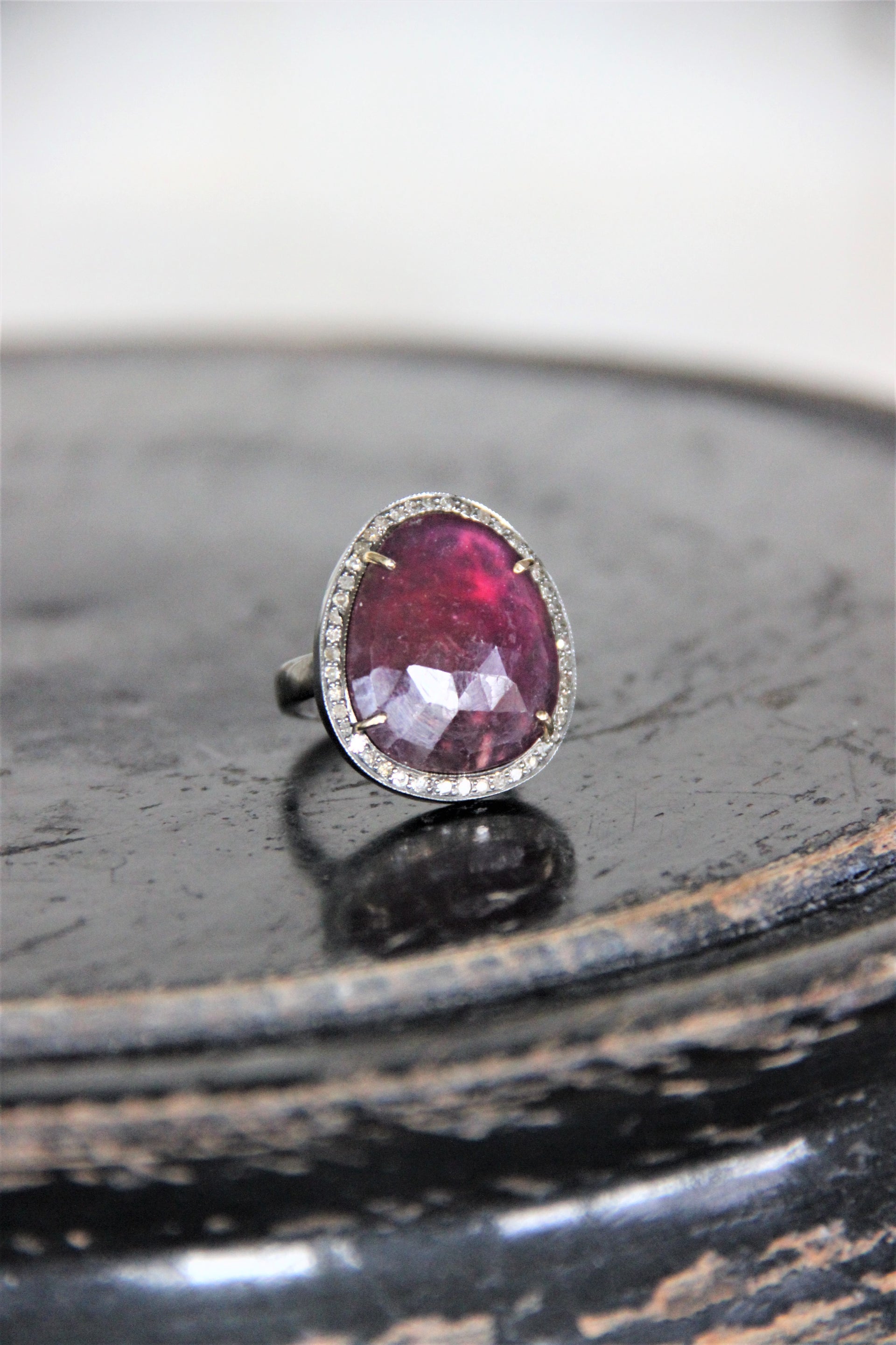Silver Ring with Red Sapphire and Single cut Diamonds PRE-ORDER